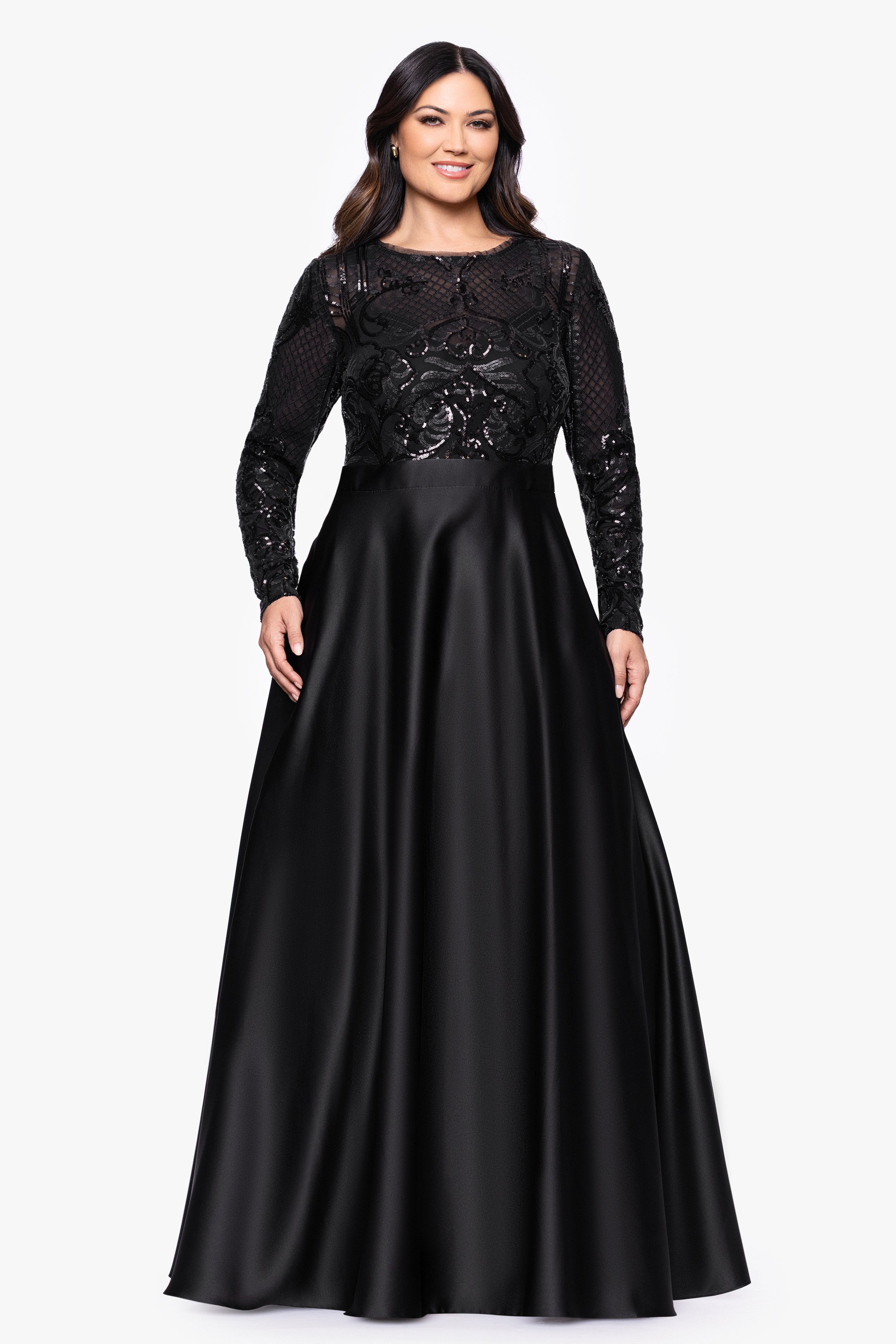 Plus "Vanessa" Sequin Long Sleeve A-Line Ballgown