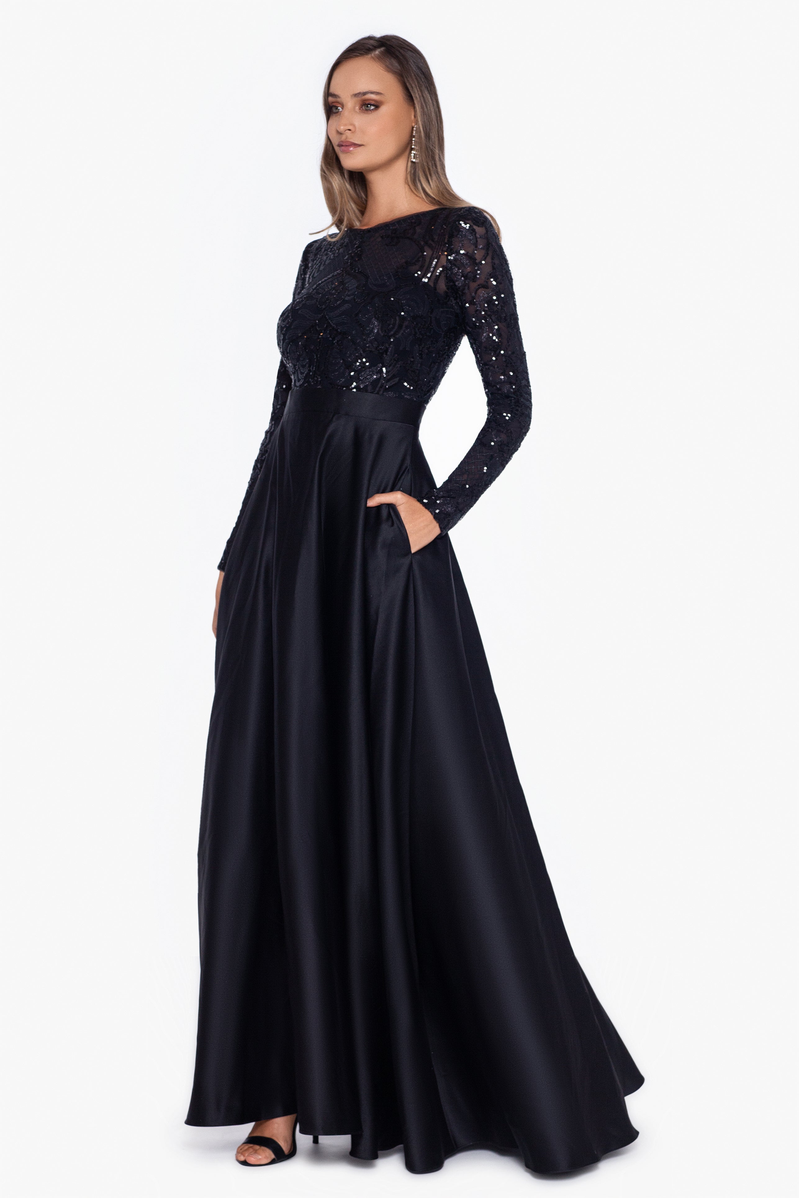 "Vanessa" Sequin Long Sleeve A-Line Ballgown