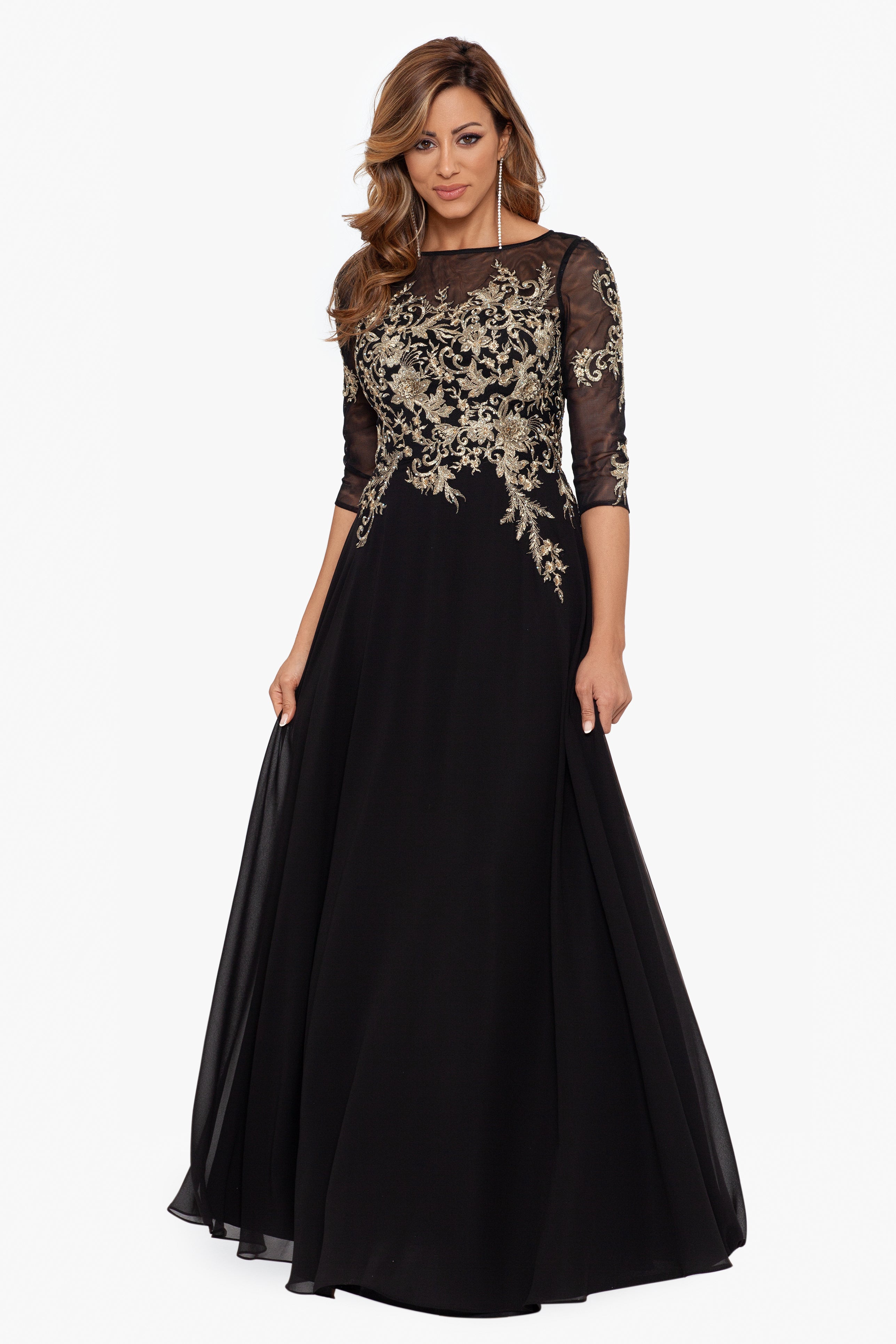 Petite "Brooklyn" Chiffon Embroidery 3/4 Sleeve Dress