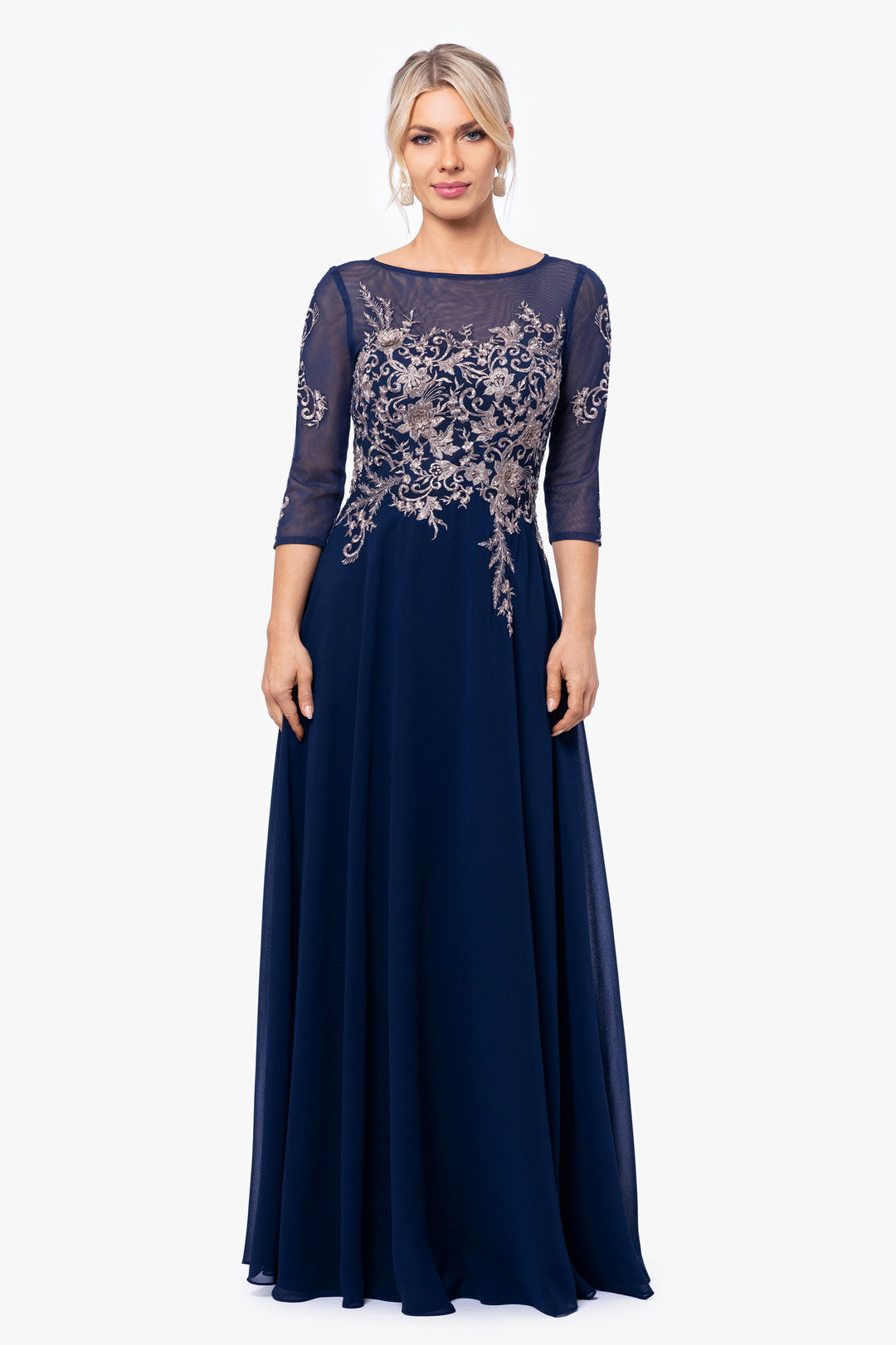 Betsy & Adam Brooklyn Metallic Embroidery Gown Dress Sz 8 $299 navy/rose  *1208 | eBay