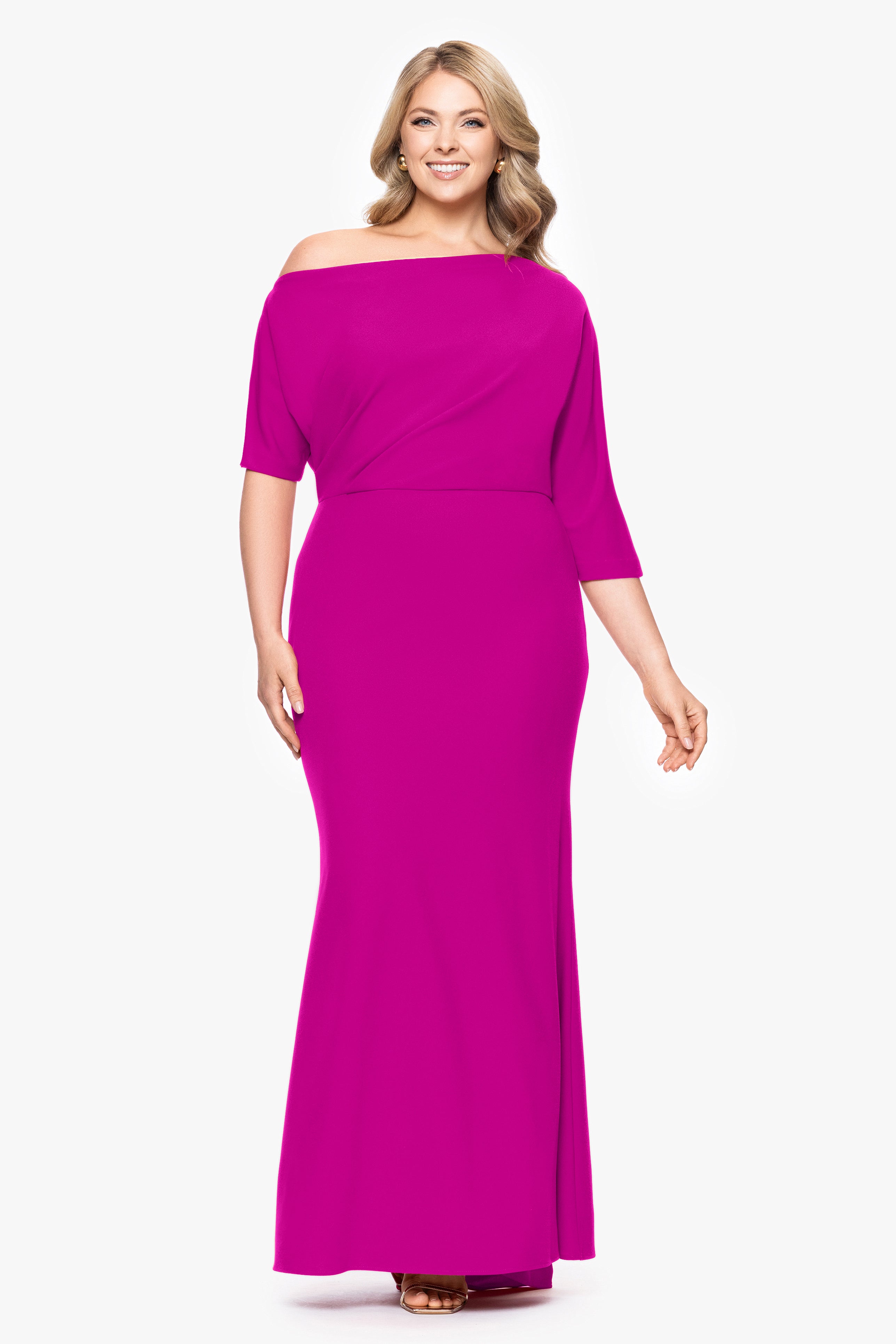 Plus "Madeline" Long Scuba Crepe Off the Shoulder Drop Dress