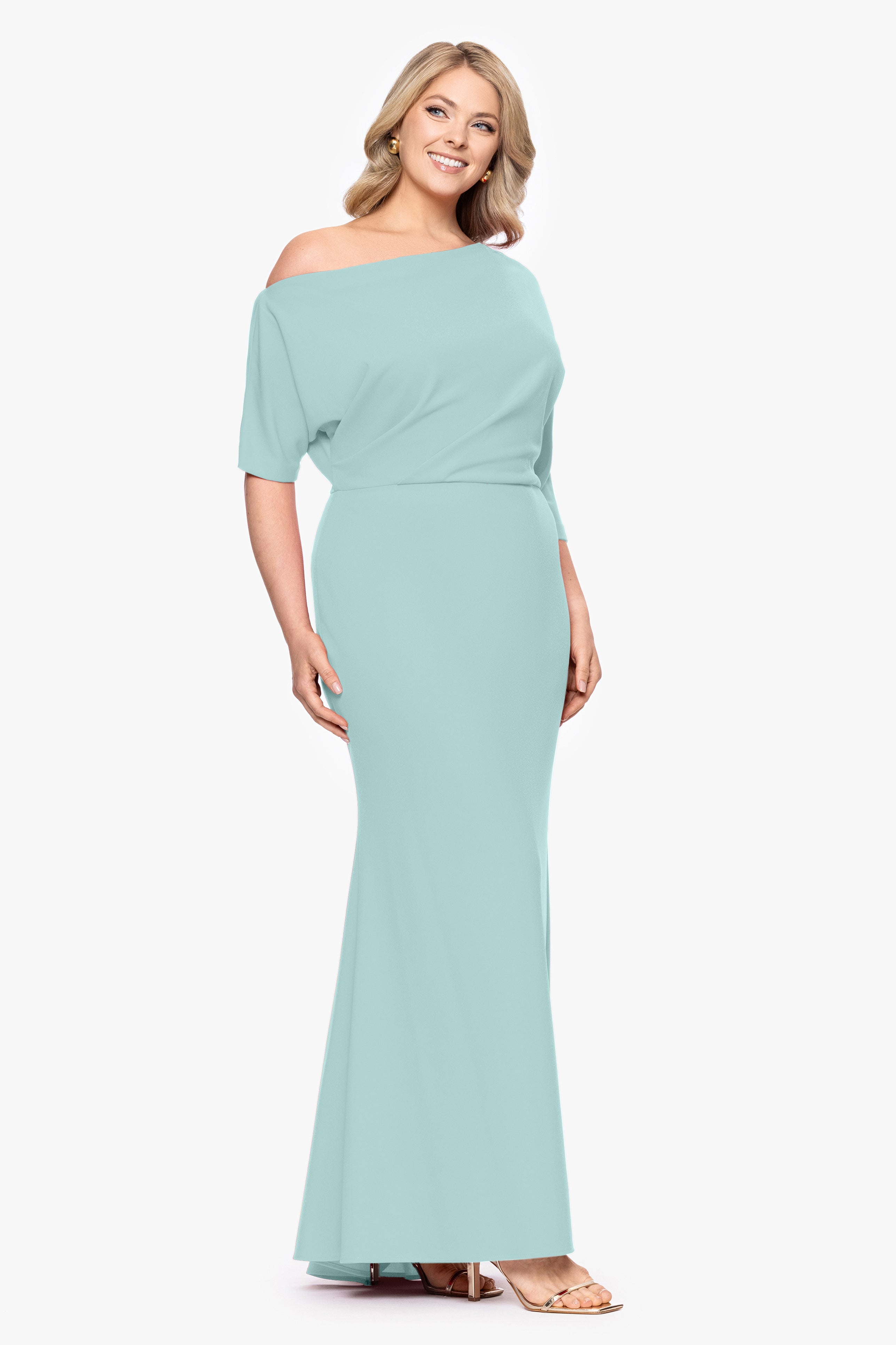 Plus "Madeline" Long Scuba Crepe Off the Shoulder Drop Dress