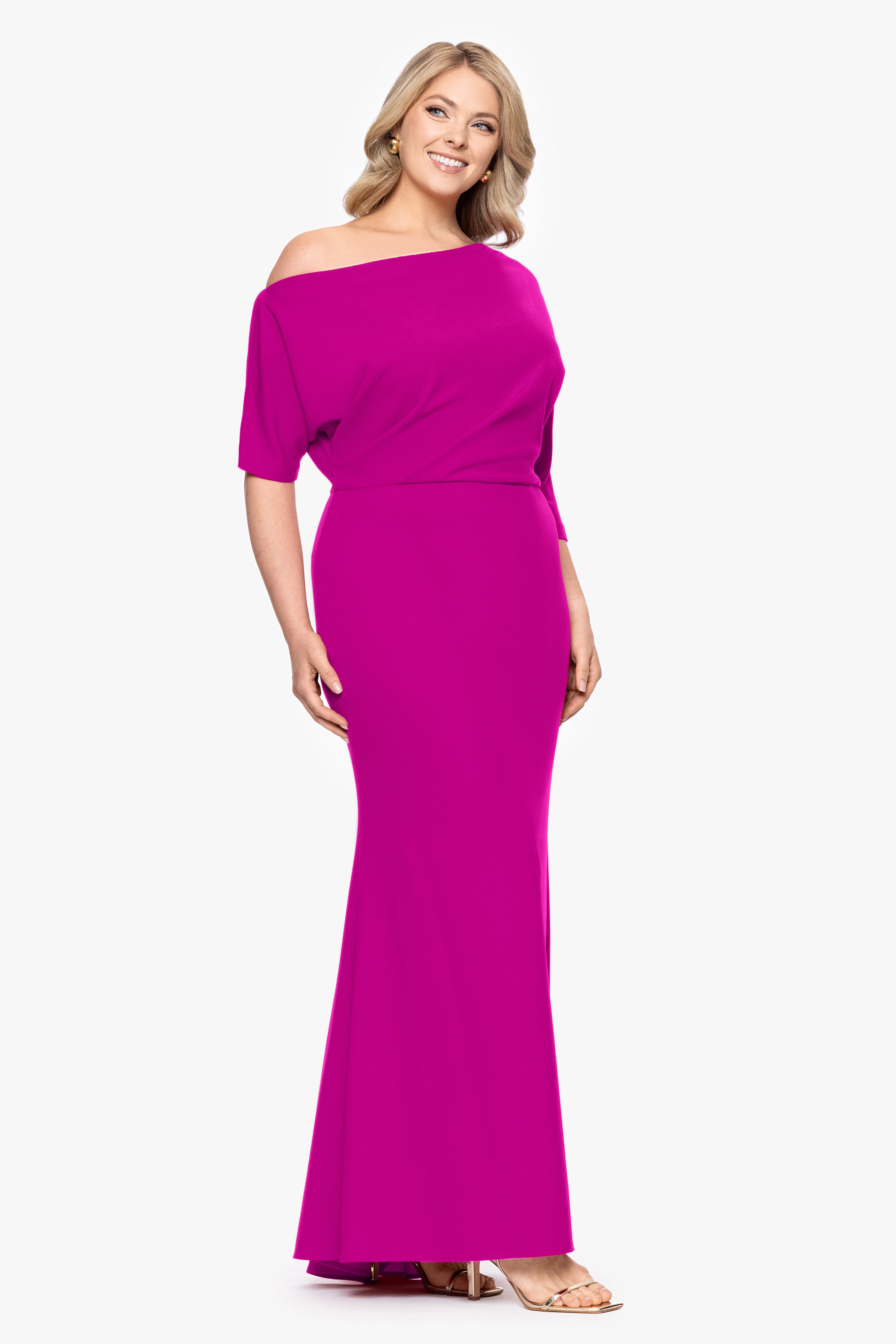 Plus "Madeline" Long Scuba Crepe Off the Shoulder Drop Dress