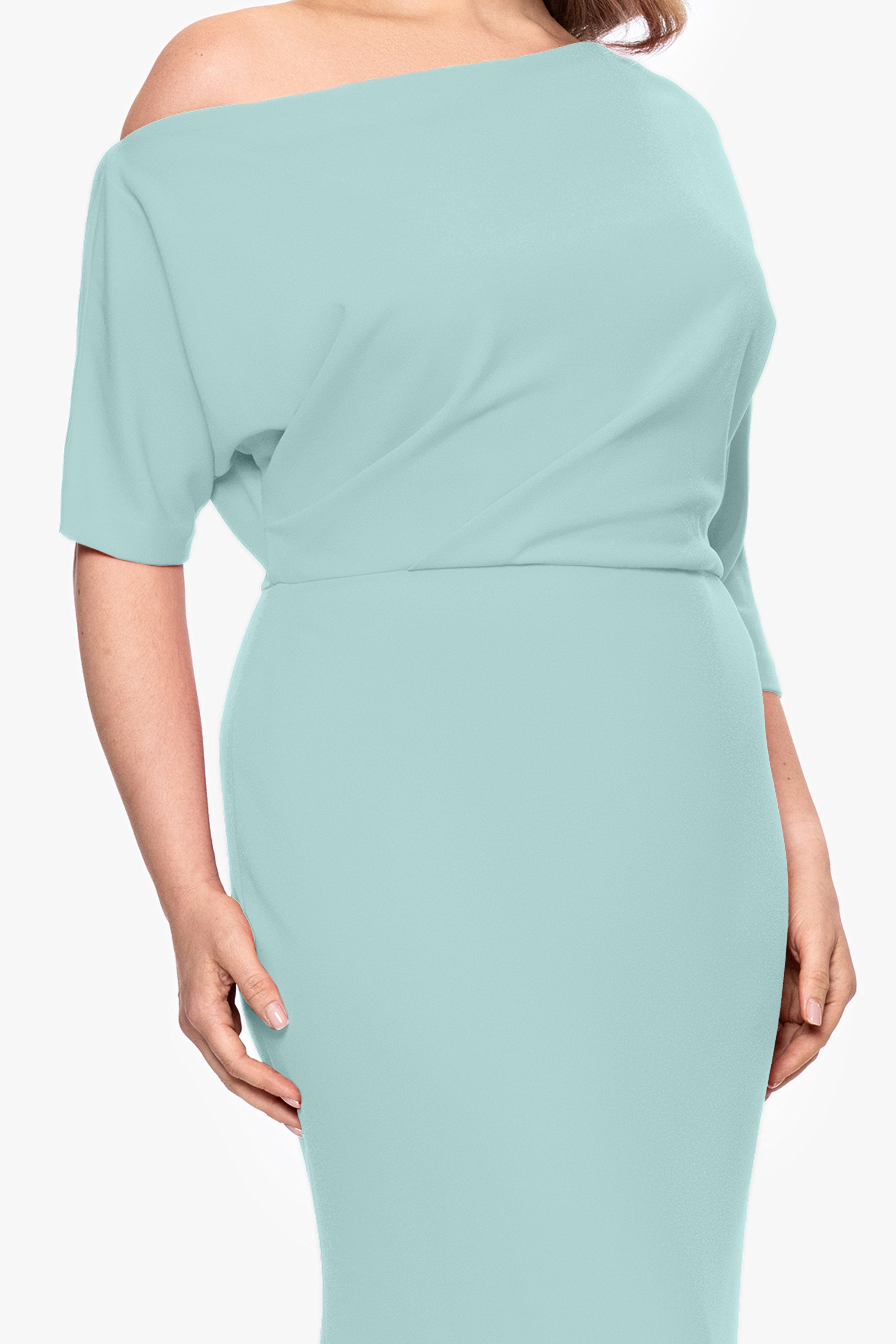 Plus "Madeline" Long Scuba Crepe Off the Shoulder Drop Dress