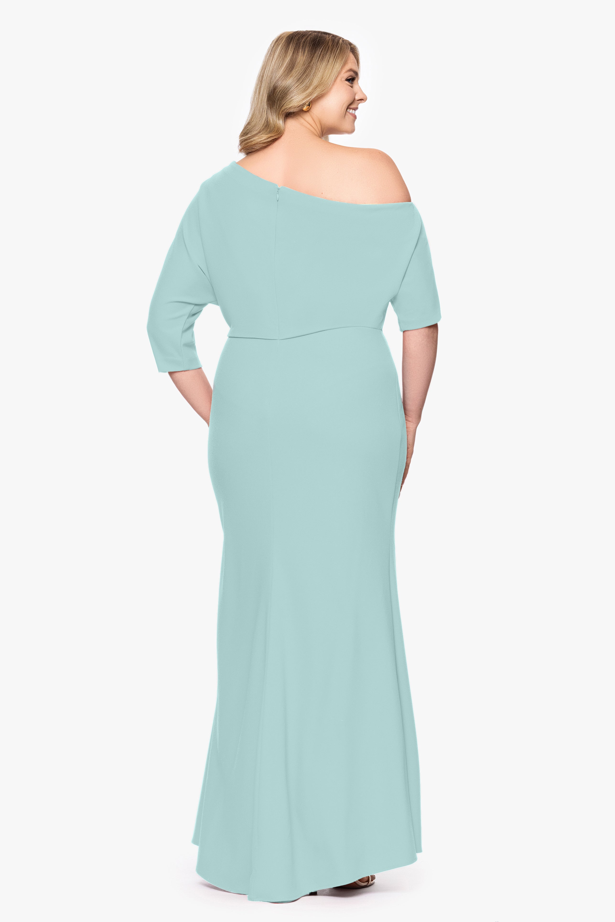 Plus "Madeline" Long Scuba Crepe Off the Shoulder Drop Dress