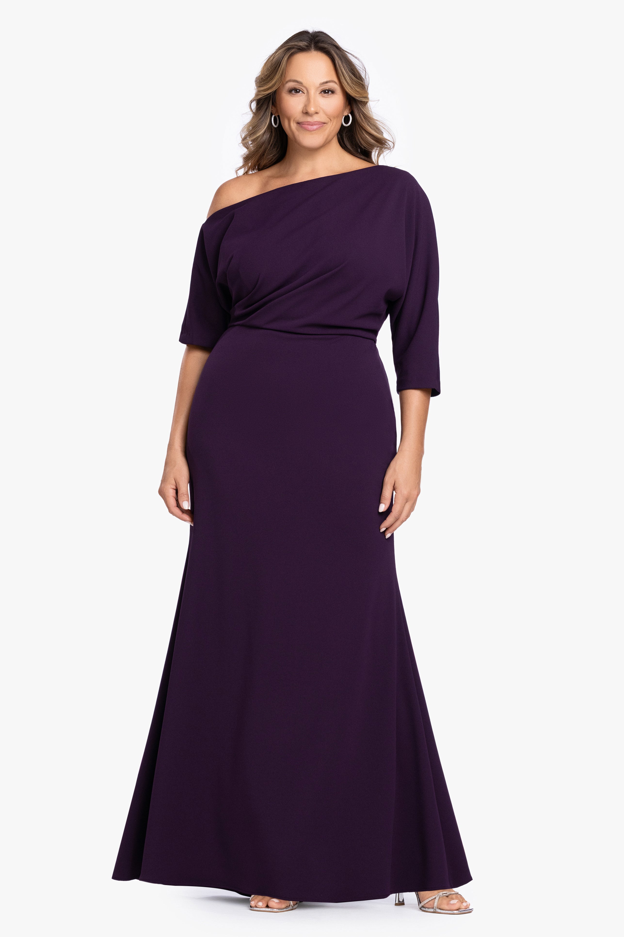 Plus "Madeline" Long Scuba Crepe Off the Shoulder Drop Dress