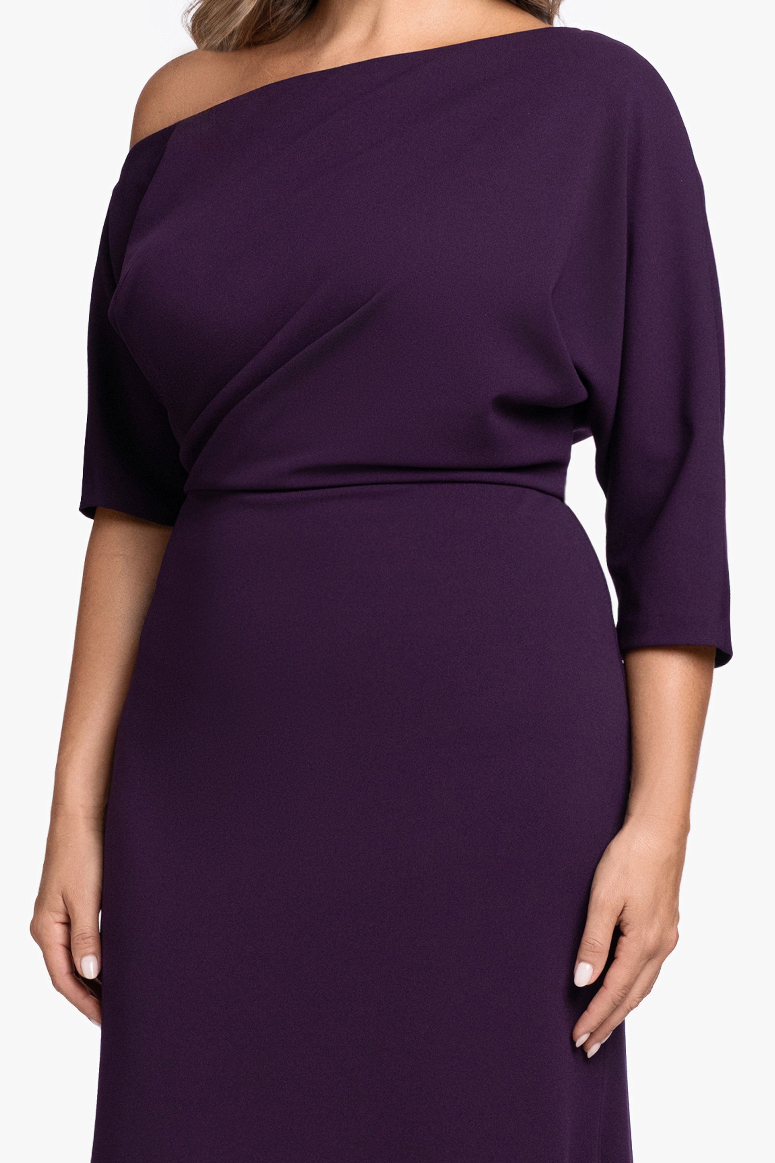 Plus "Madeline" Long Scuba Crepe Off the Shoulder Drop Dress