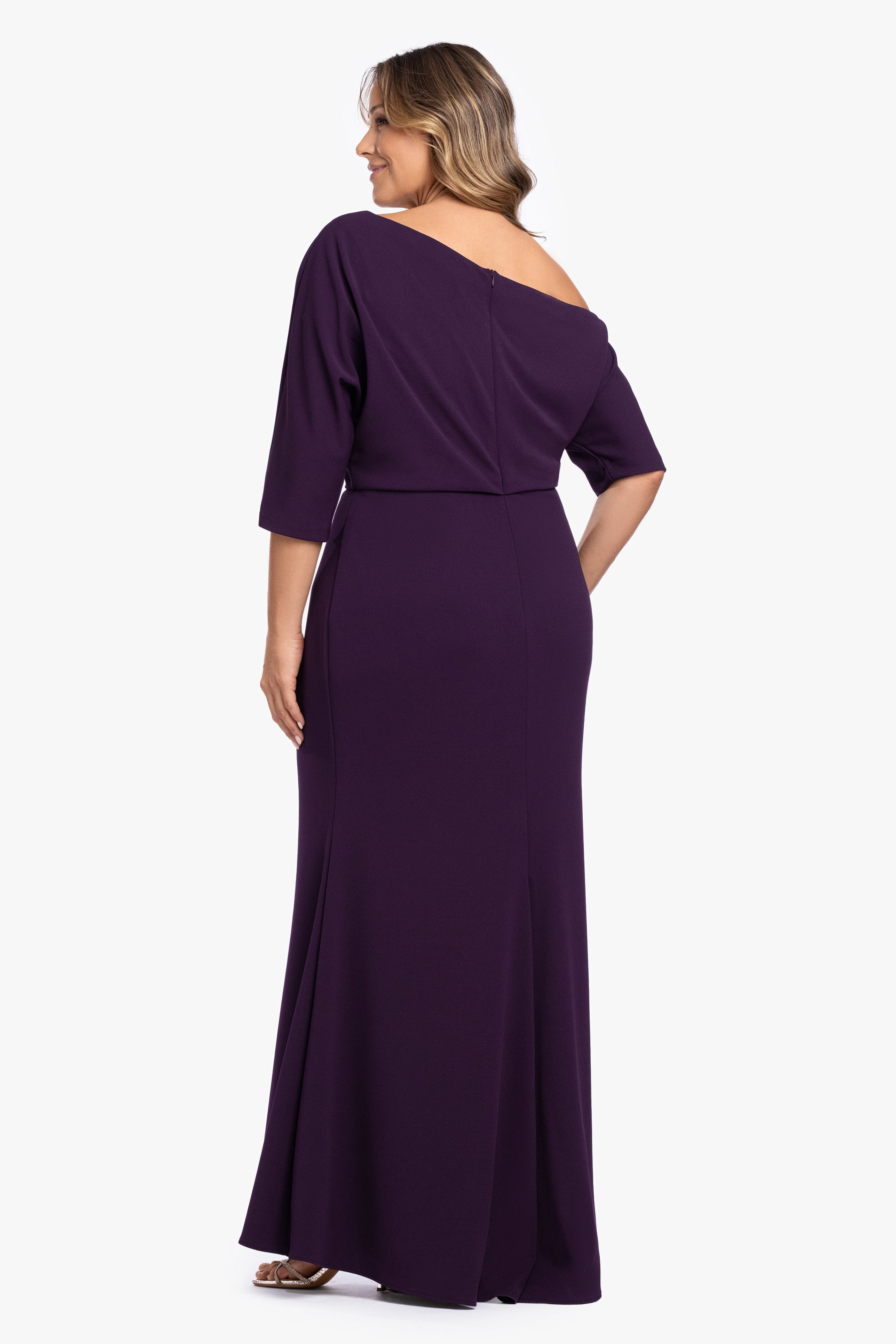 Plus "Madeline" Long Scuba Crepe Off the Shoulder Drop Dress