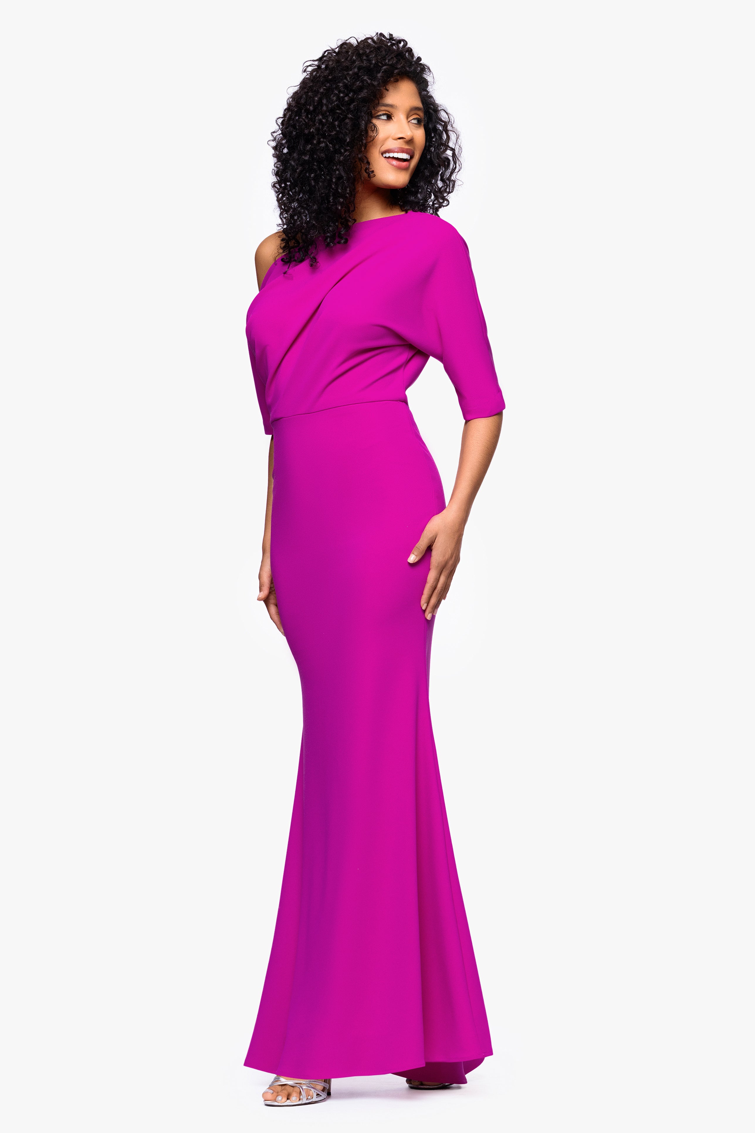 "Madeline" Long Scuba Crepe Off the Shoulder Drop Dress