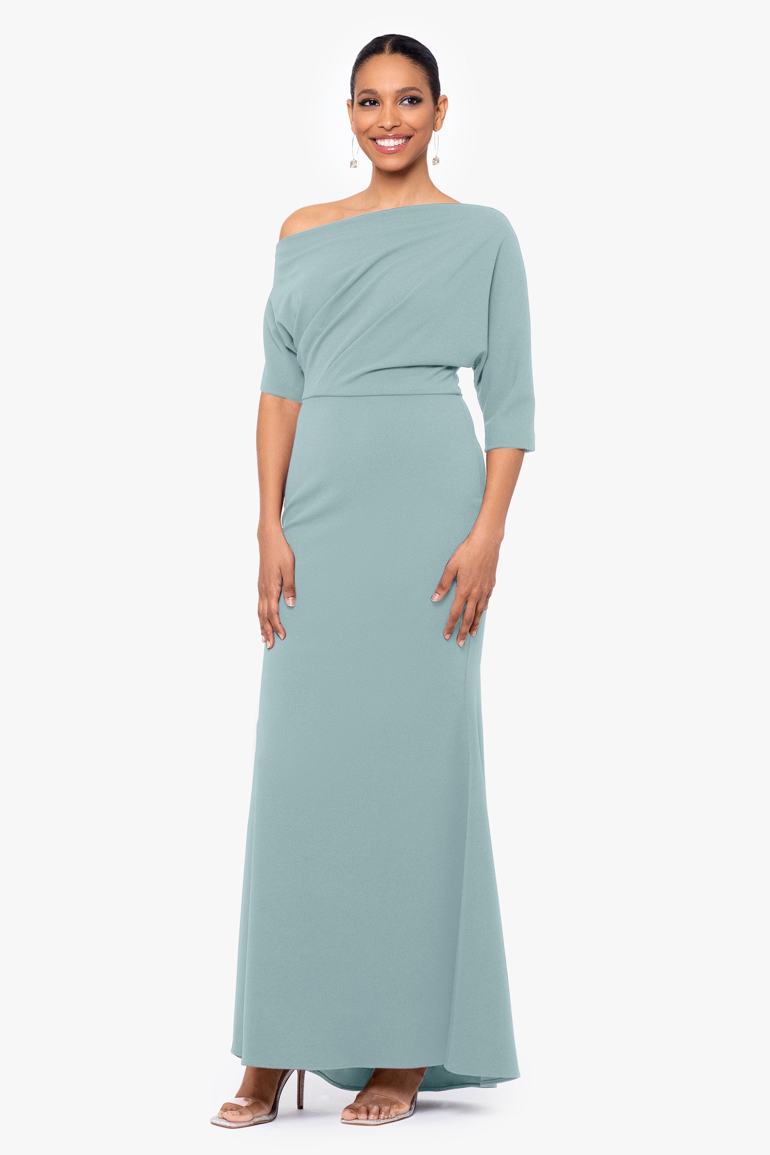 "Madeline" Long Scuba Crepe Off the Shoulder Drop Dress