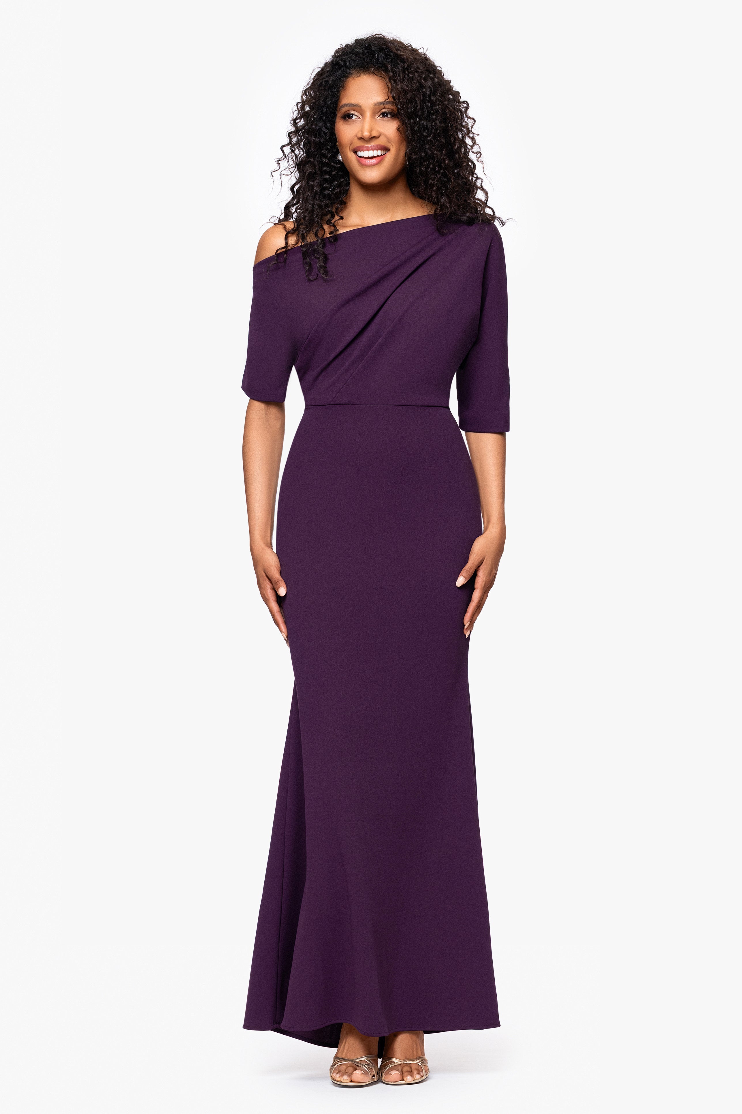 "Madeline" Long Scuba Crepe Off the Shoulder Drop Dress