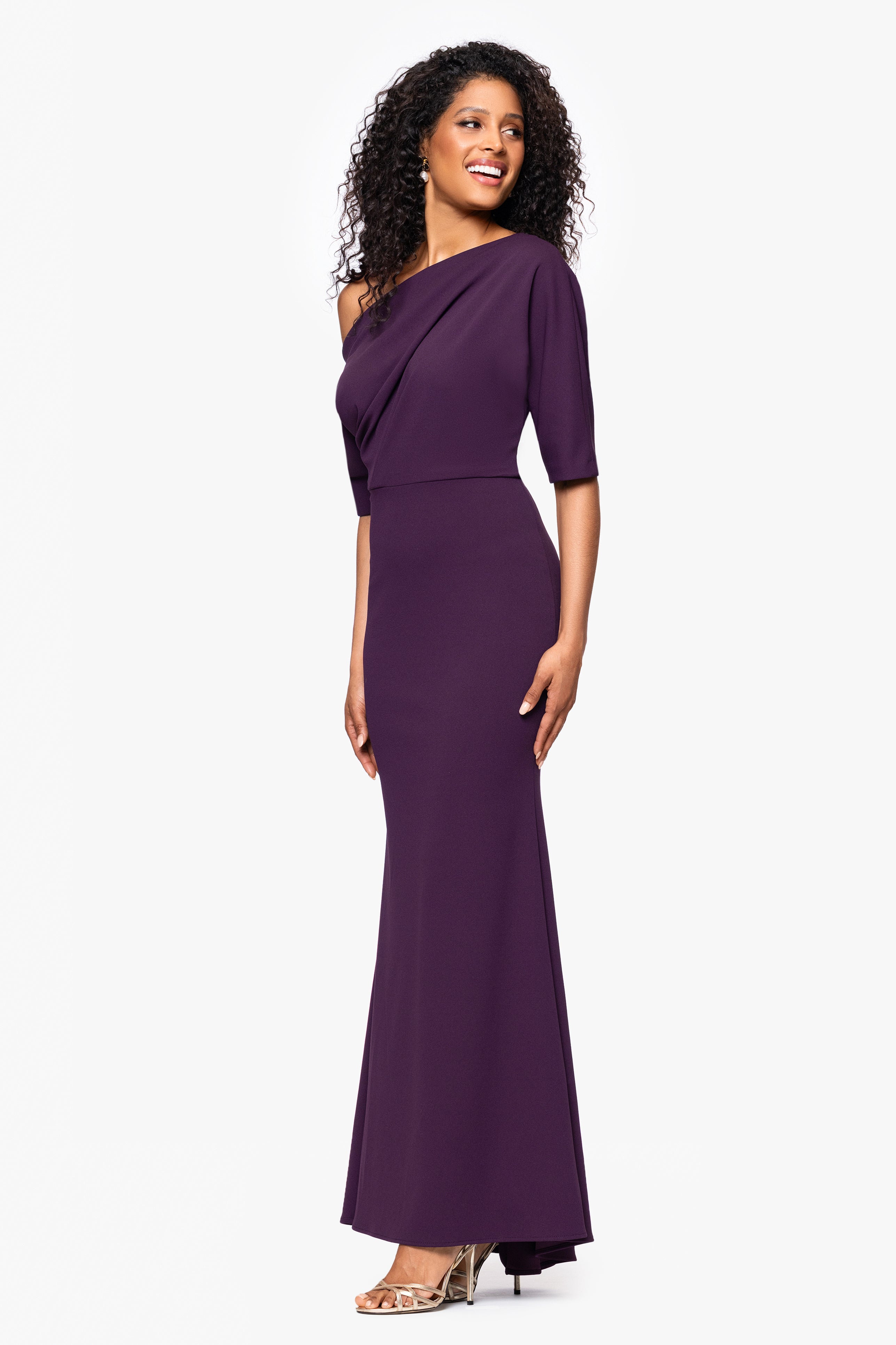 "Madeline" Long Scuba Crepe Off the Shoulder Drop Dress