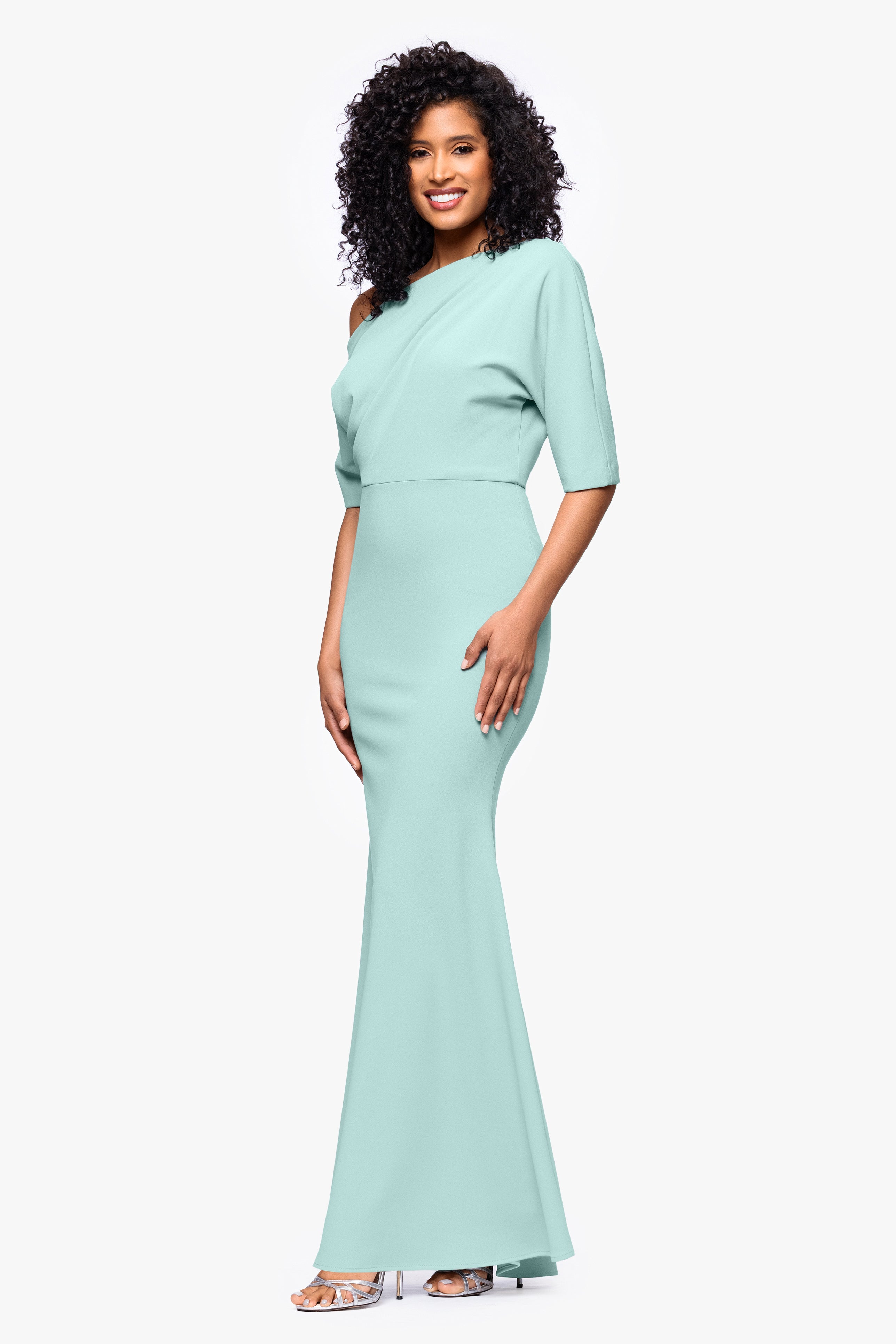 "Madeline" Long Scuba Crepe Off the Shoulder Drop Dress