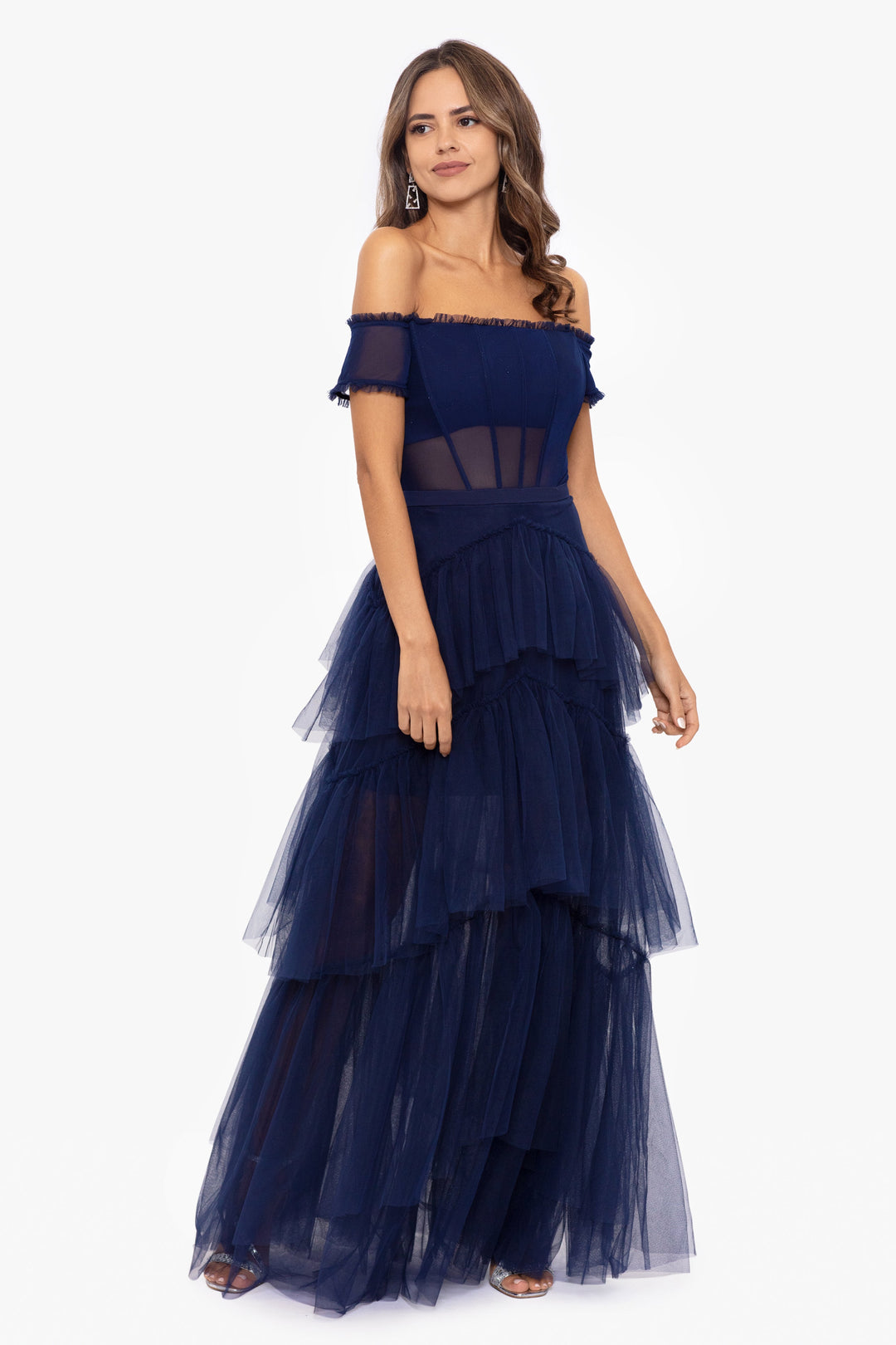 "Kai" Off the Shoulder Tiered Mesh Ball Gown