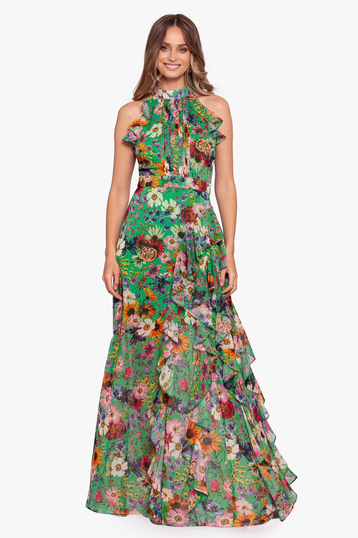 Petite "Daisie" Printed Chiffon Flutter Halter Dress