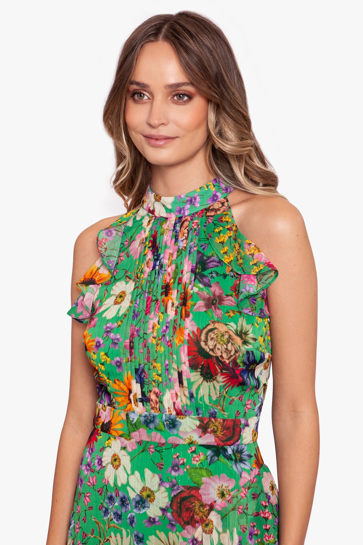 Petite "Daisie" Printed Chiffon Flutter Halter Dress