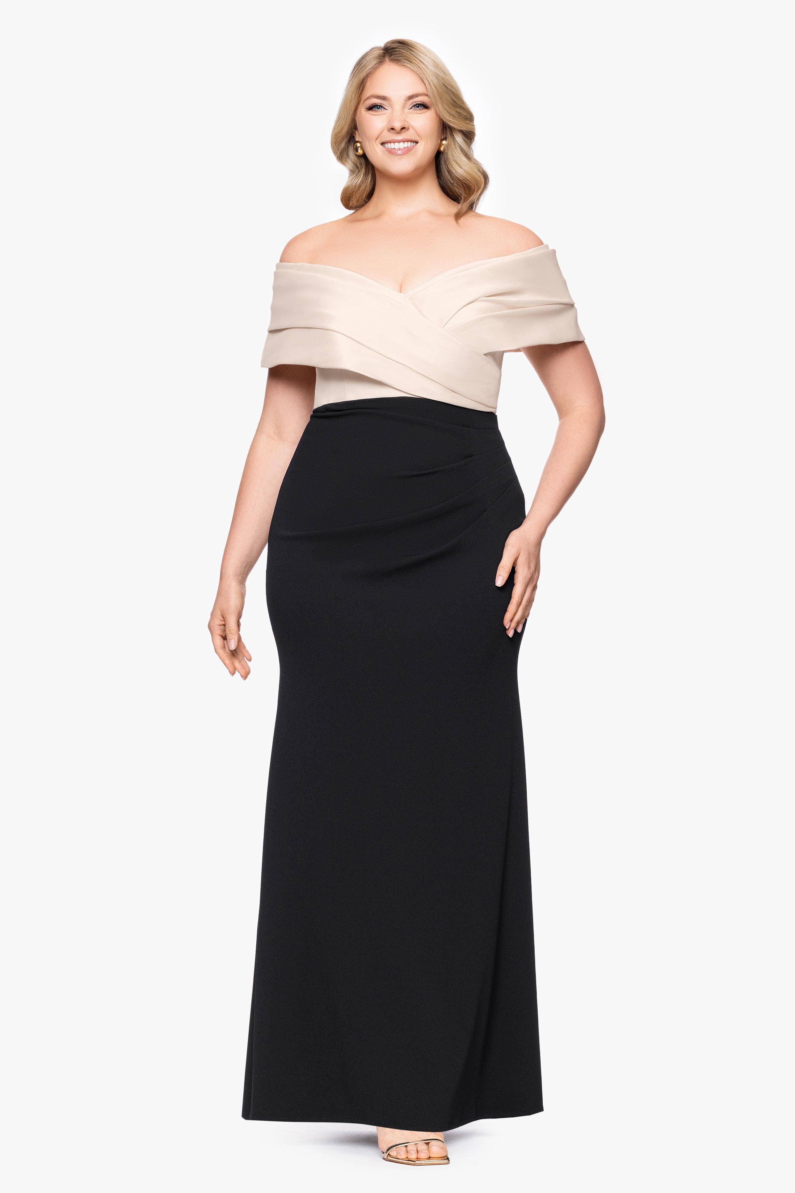 Plus "Yasmeen" Long Off The Shoulder Scuba Crepe Gown
