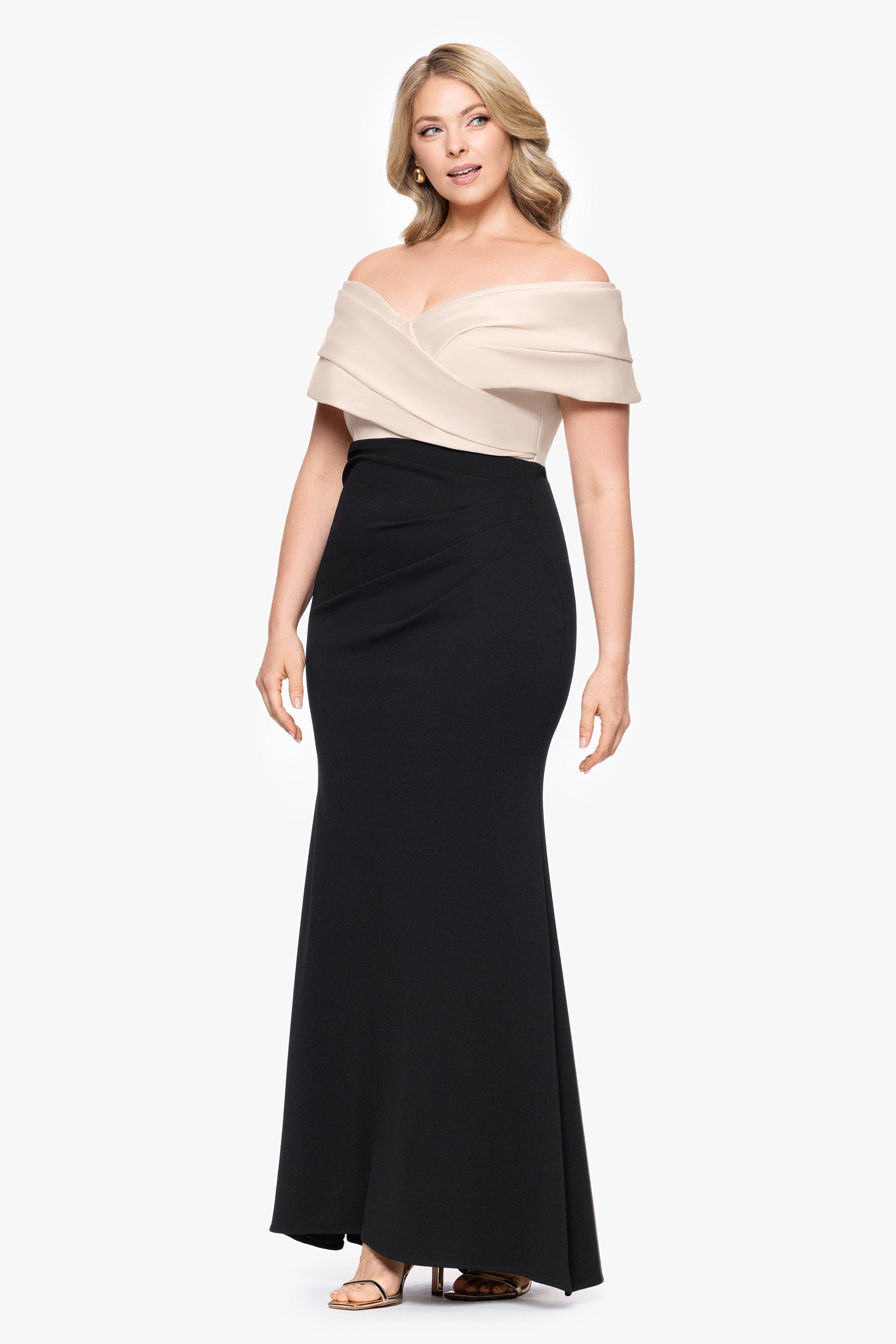 Plus "Yasmeen" Long Off The Shoulder Scuba Crepe Gown