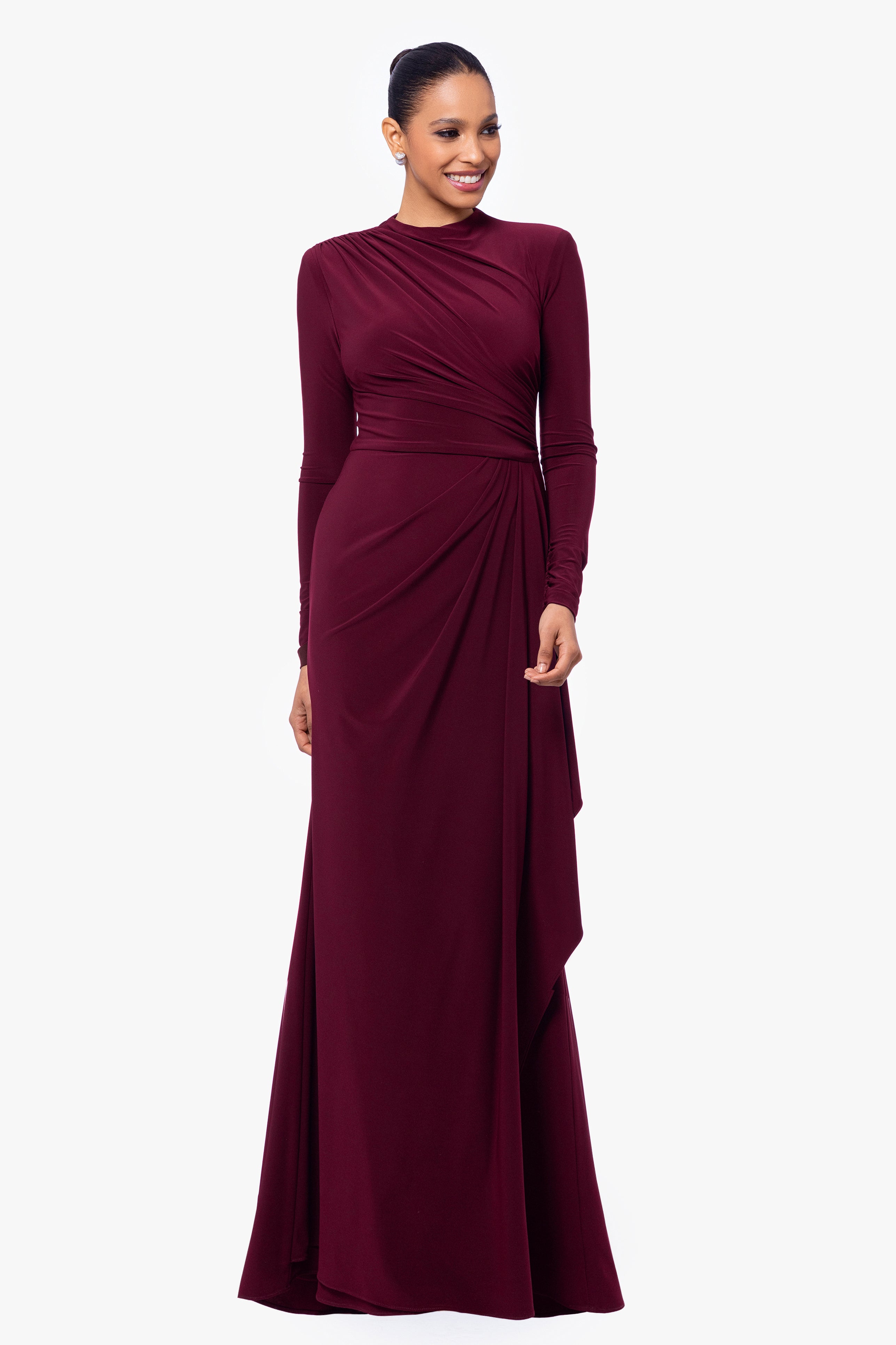 Jeanette Long Sleeve Stretch Knit Side Ruffle Dress | Betsy & Adam Wine / 12 Jeanette Long Sleeve Stretch Knit Side Ruffle Dress | Betsy & Adam Wine / 12