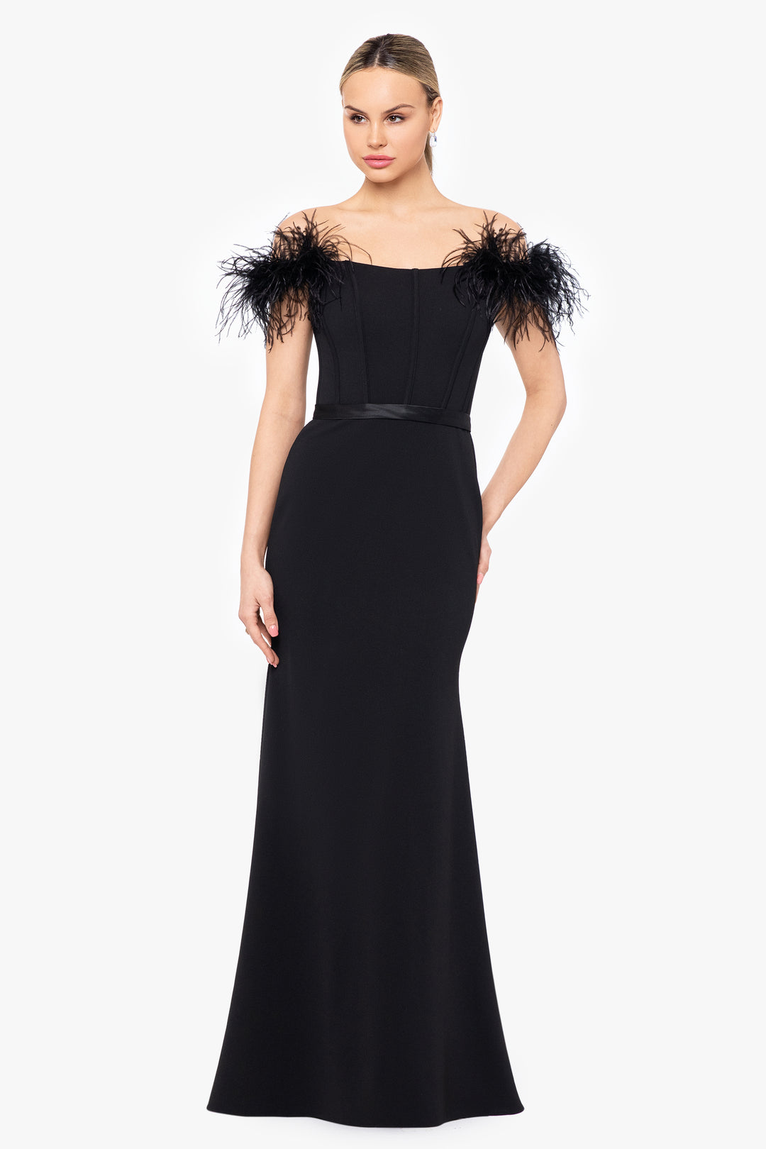 "Kimberly" Long Scuba Crepe Off the Shoulder Feather Dress