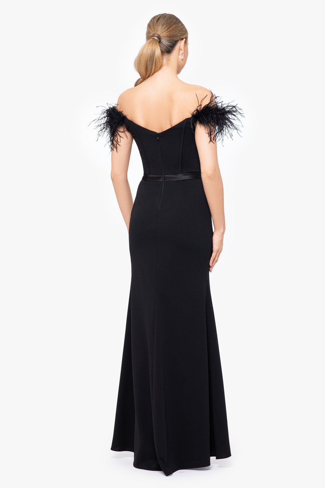 "Kimberly" Long Scuba Crepe Off the Shoulder Feather Dress