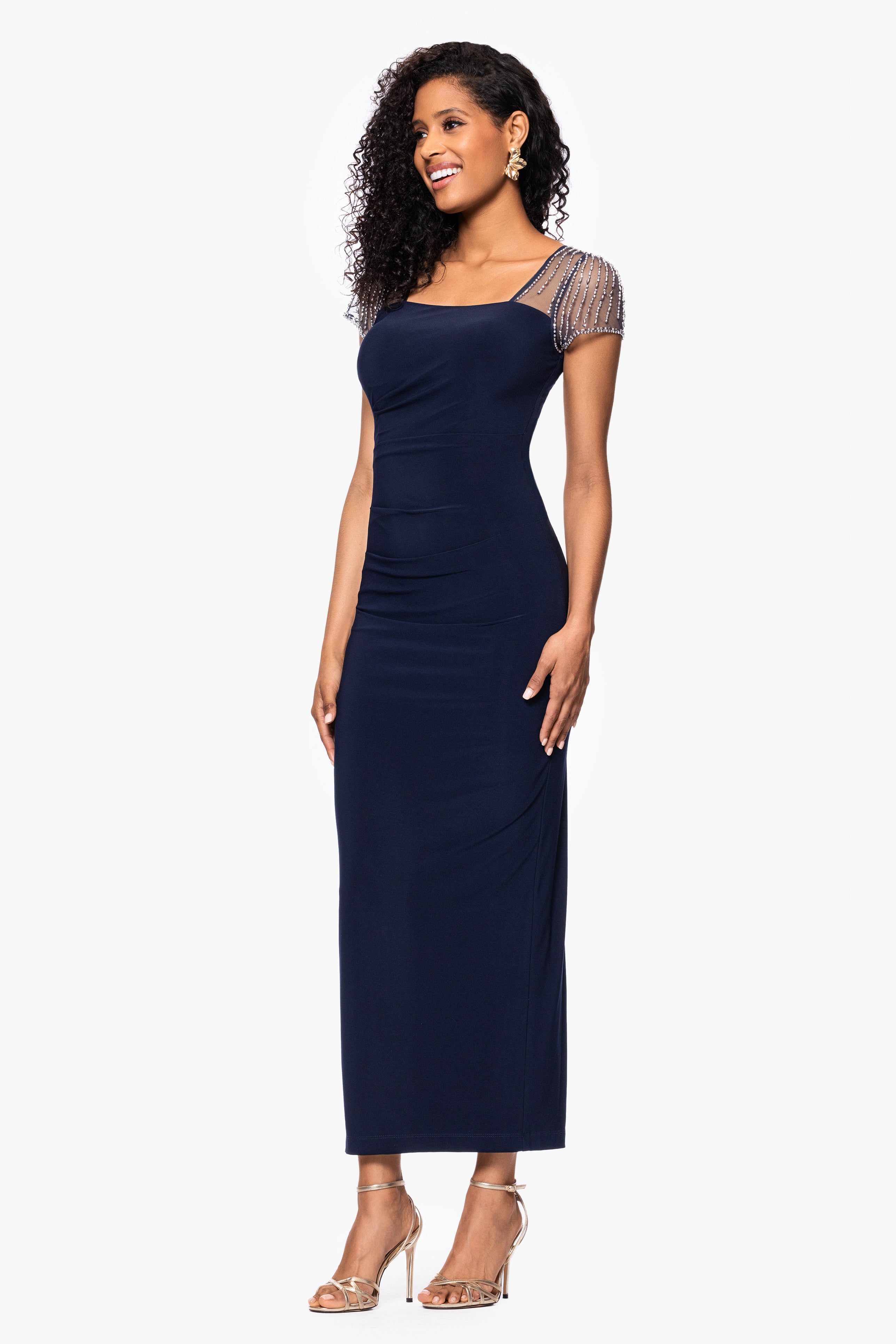 "Lilibeth" Flutter Sleeve Long Jersey Knit Dress