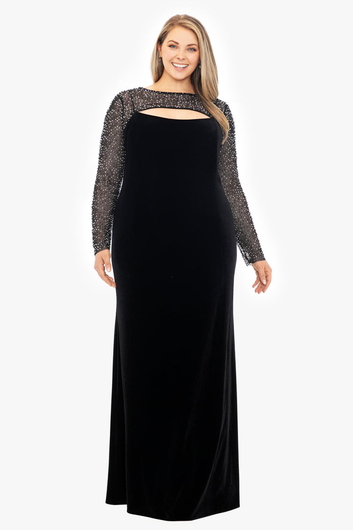 Plus "Tamara" Long Sleeve Velvet Beaded Illusion Top Gown