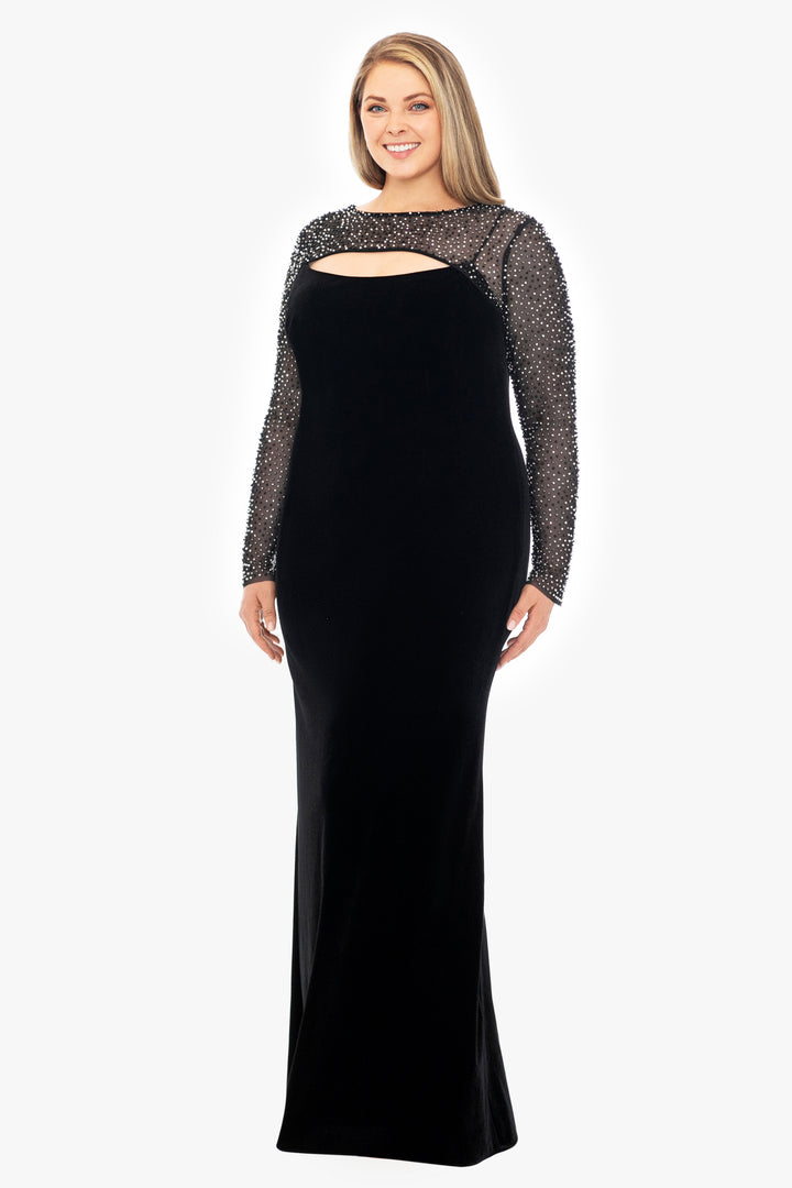 Plus "Tamara" Long Sleeve Velvet Beaded Illusion Top Gown