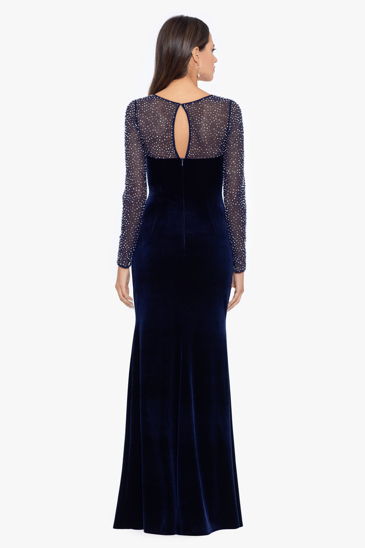"Tamara" Long Sleeve Velvet Beaded Illusion Top Gown