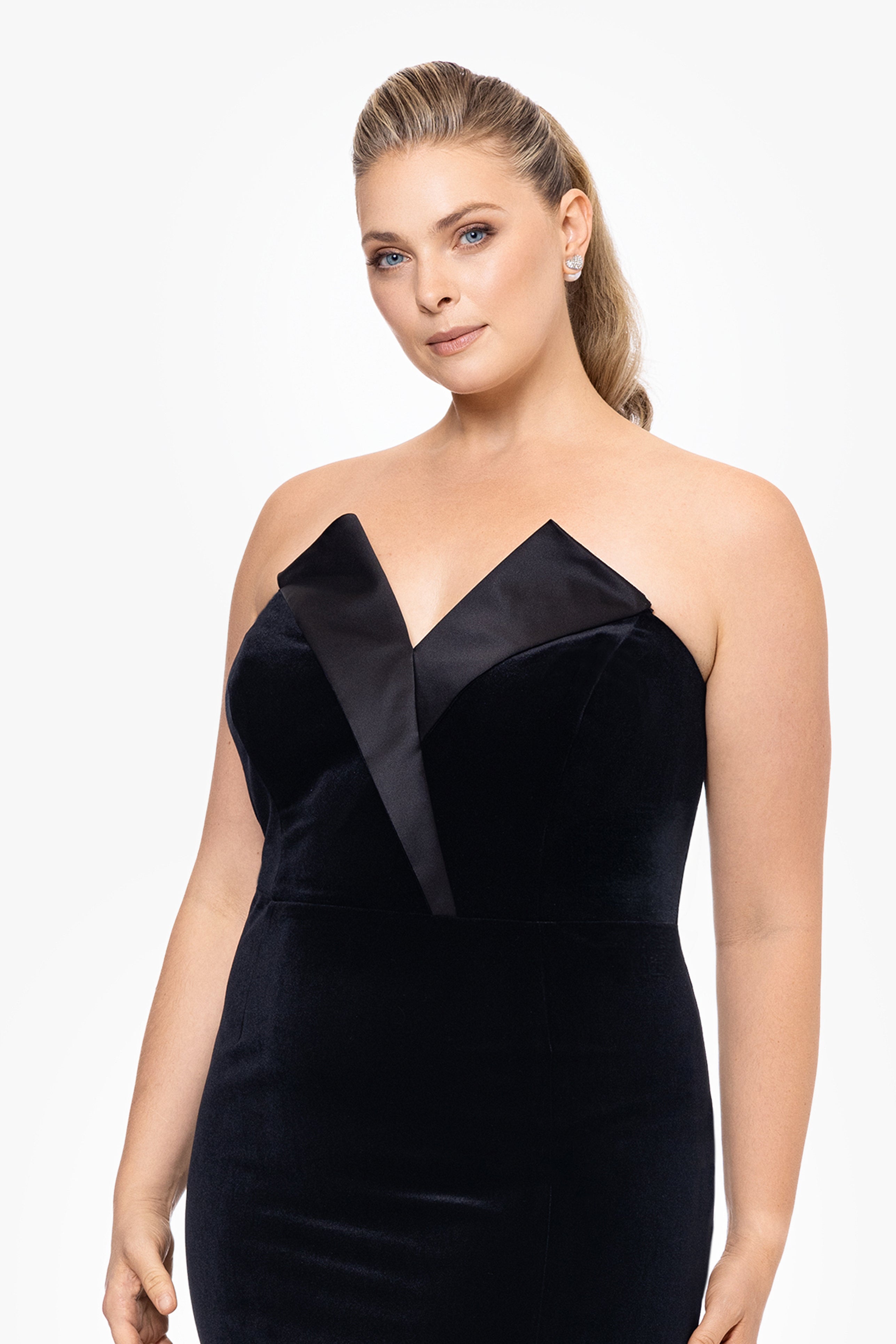 Plus "Liliana" Long Velvet Strapless Tuxedo Dress