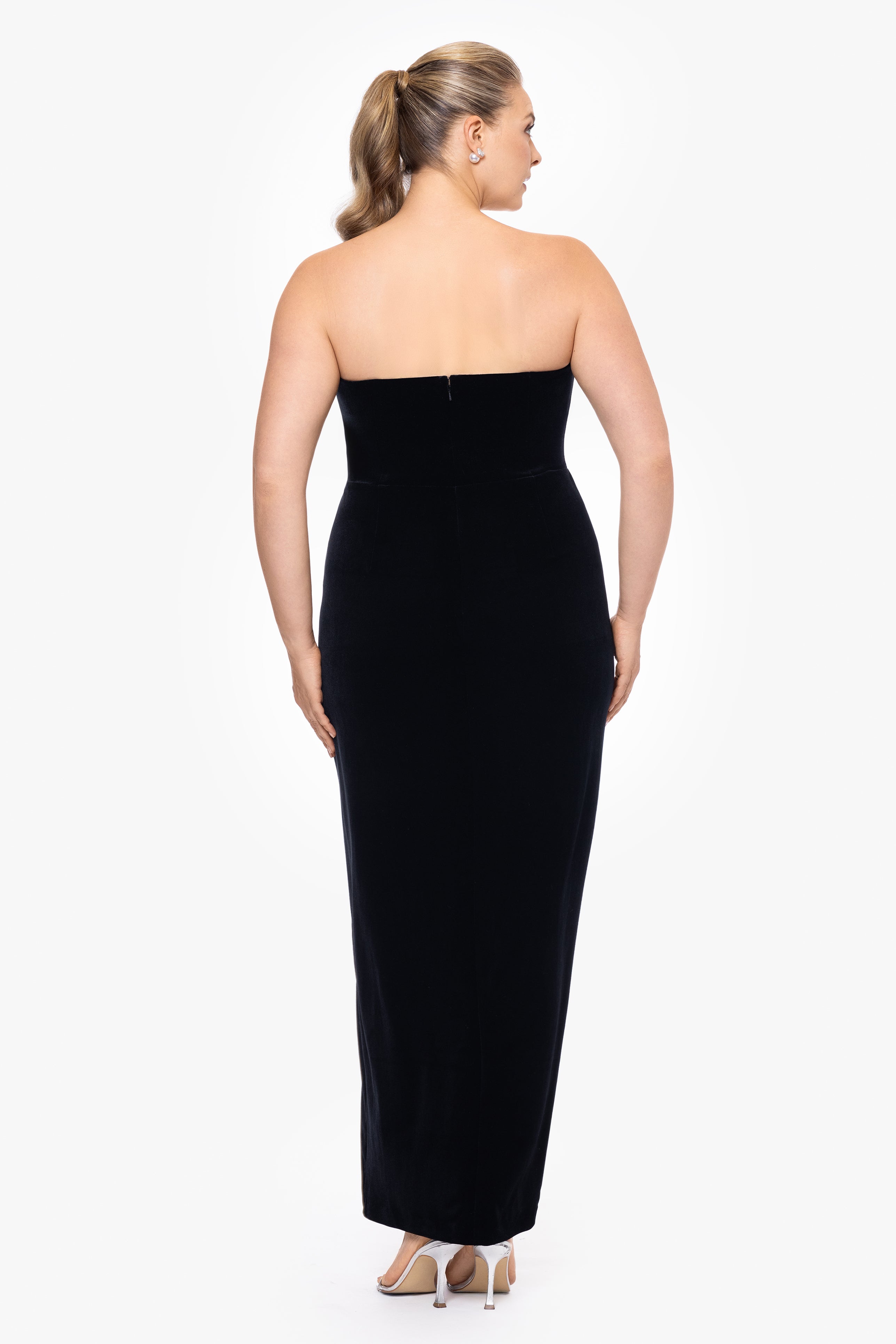 Plus "Liliana" Long Velvet Strapless Tuxedo Dress