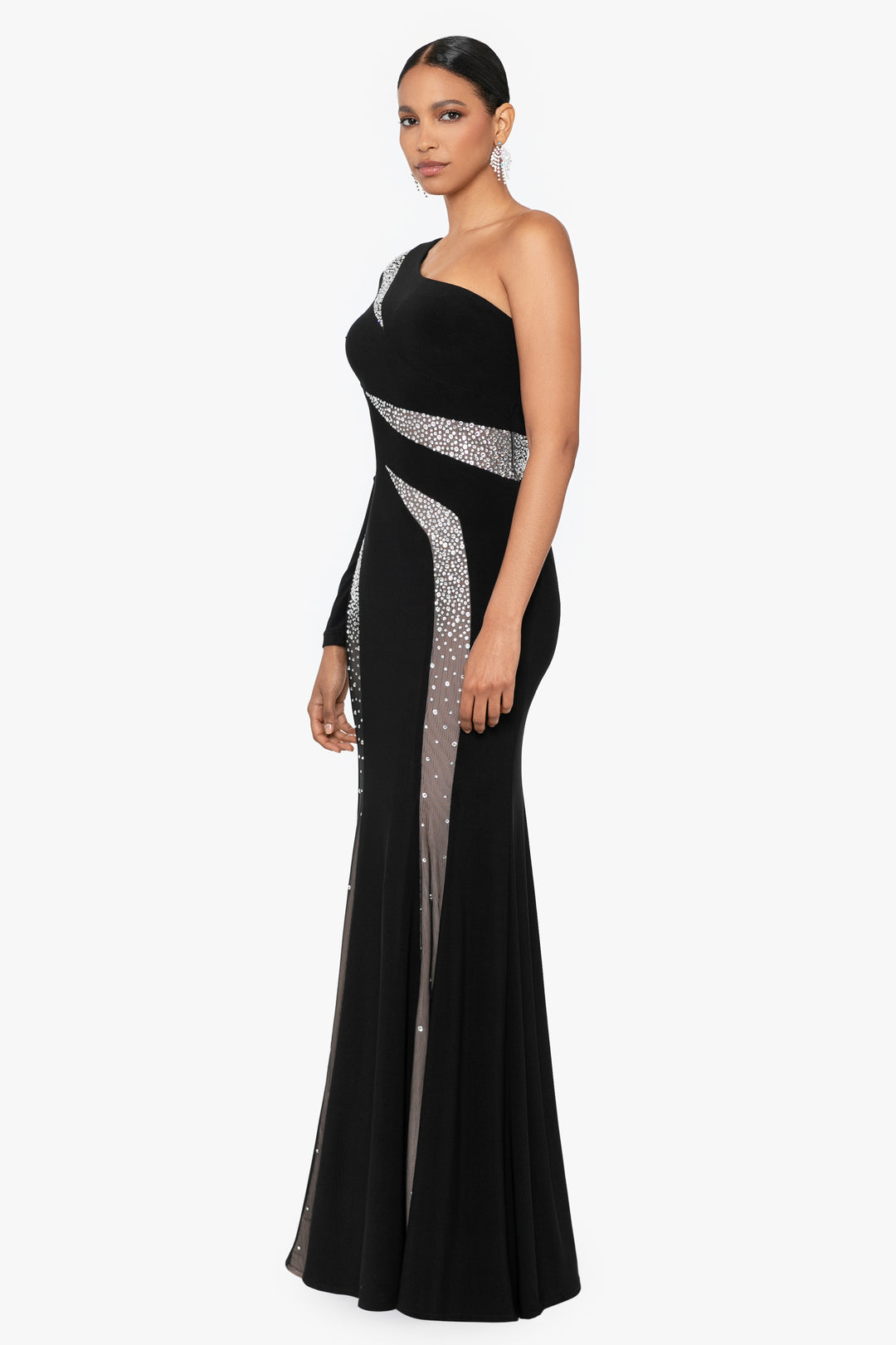 "Tal" Long One Shoulder Beaded Cut Out Dress