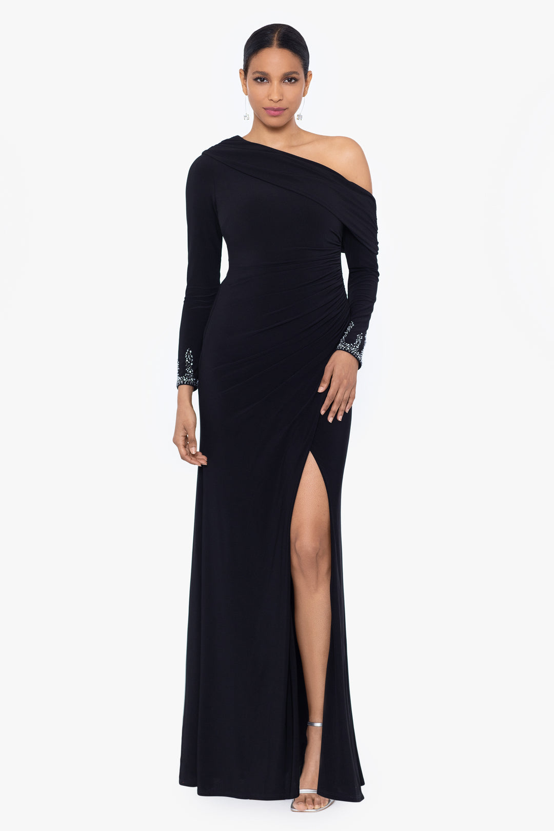 "Chrishell" Long Jersey Knit Off the Shoulder Overlay with Beaded Sleeves