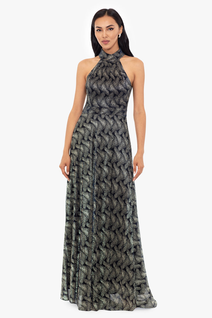 "Vilma" Long Foil Print Halter Neck Dress