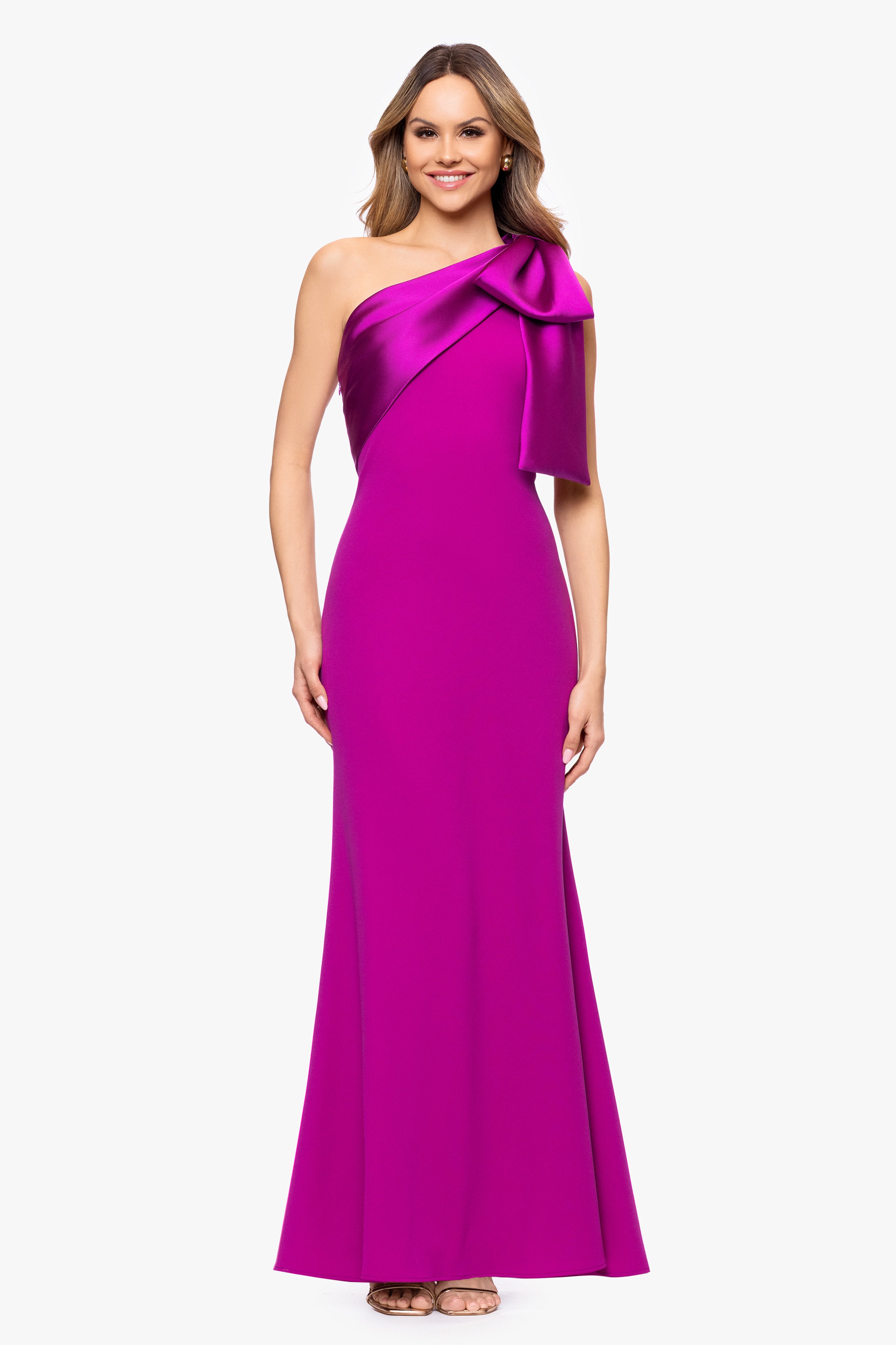 "Carmela" Long Scuba Crepe Dress with Satin Bow