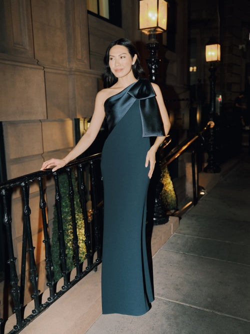 "Carmela" Long Scuba Crepe Dress with Satin Bow