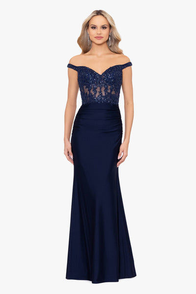 Betsy & Adam Dress Betsy & Adam Women's Off-the-Shoulder Pleated Glitter  Dress - Fit & Flare Gown Sparkly Blue Dress