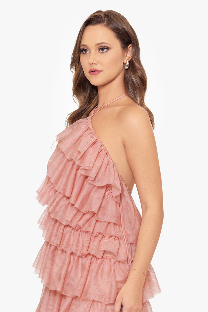 "Molly" Long Multiple Tiered Mesh Tie Neck Dress