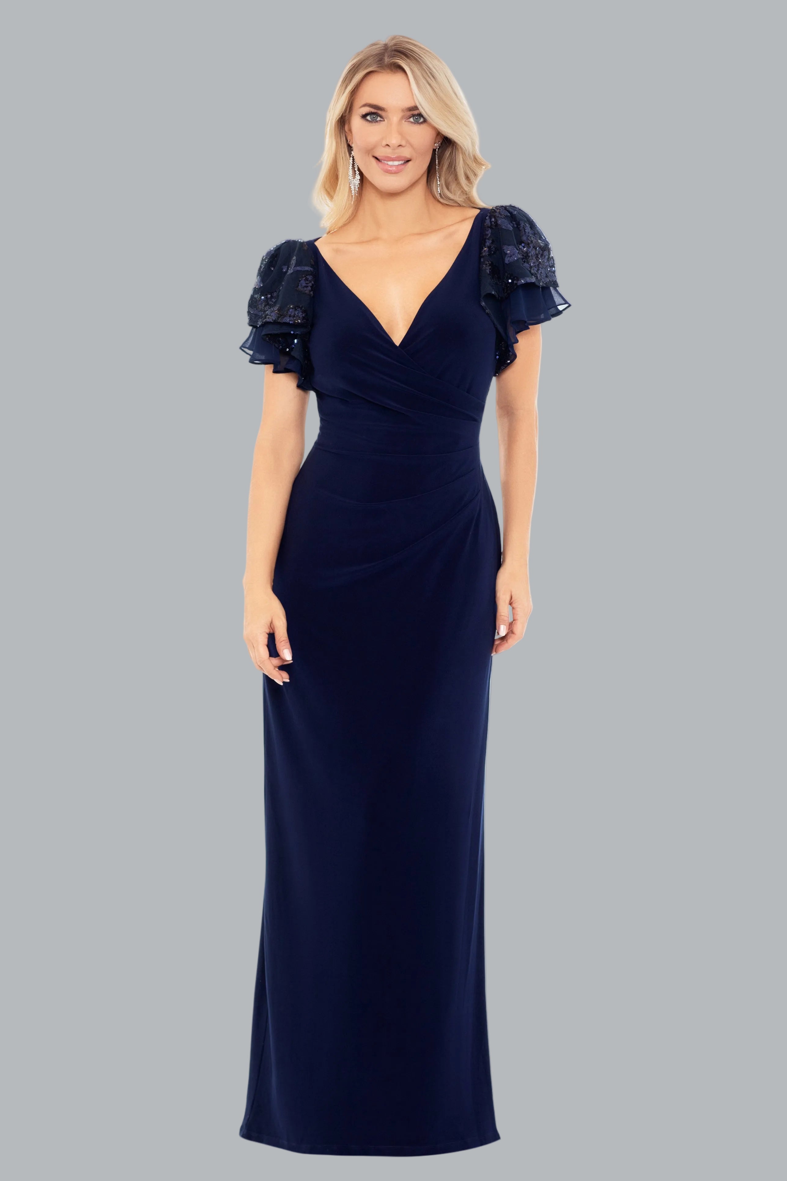 "Jennifer" Long Jersey Knit Sequin Sleeve Dress - Navy / 4 "Jennifer" Long Jersey Knit Sequin Sleeve Dress - Navy / 4
