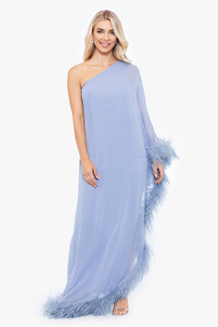 "Tabitha" Long Chiffon One Shoulder with Feather Trim