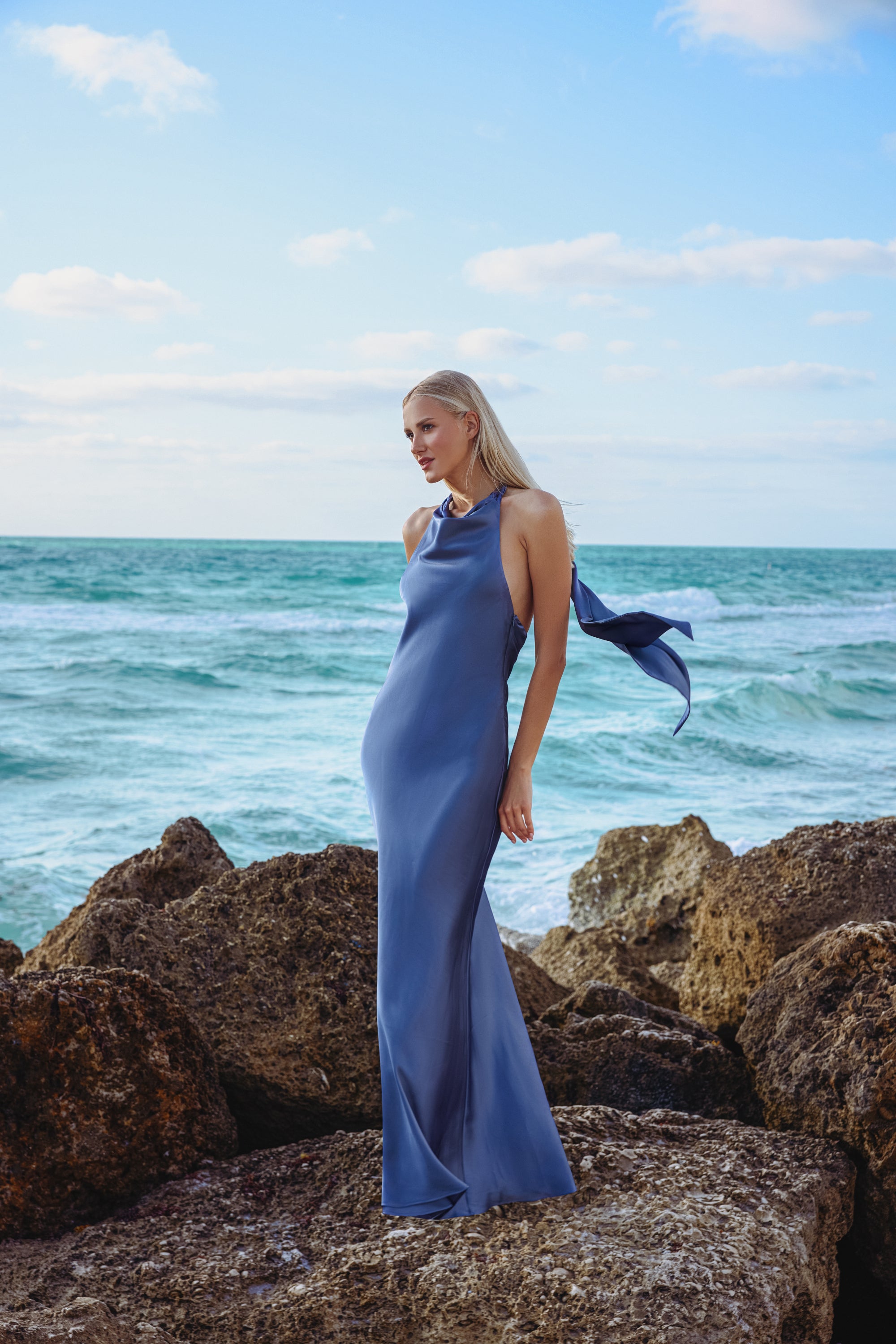 "Shannon" Halter Necktie Floor Length Dress