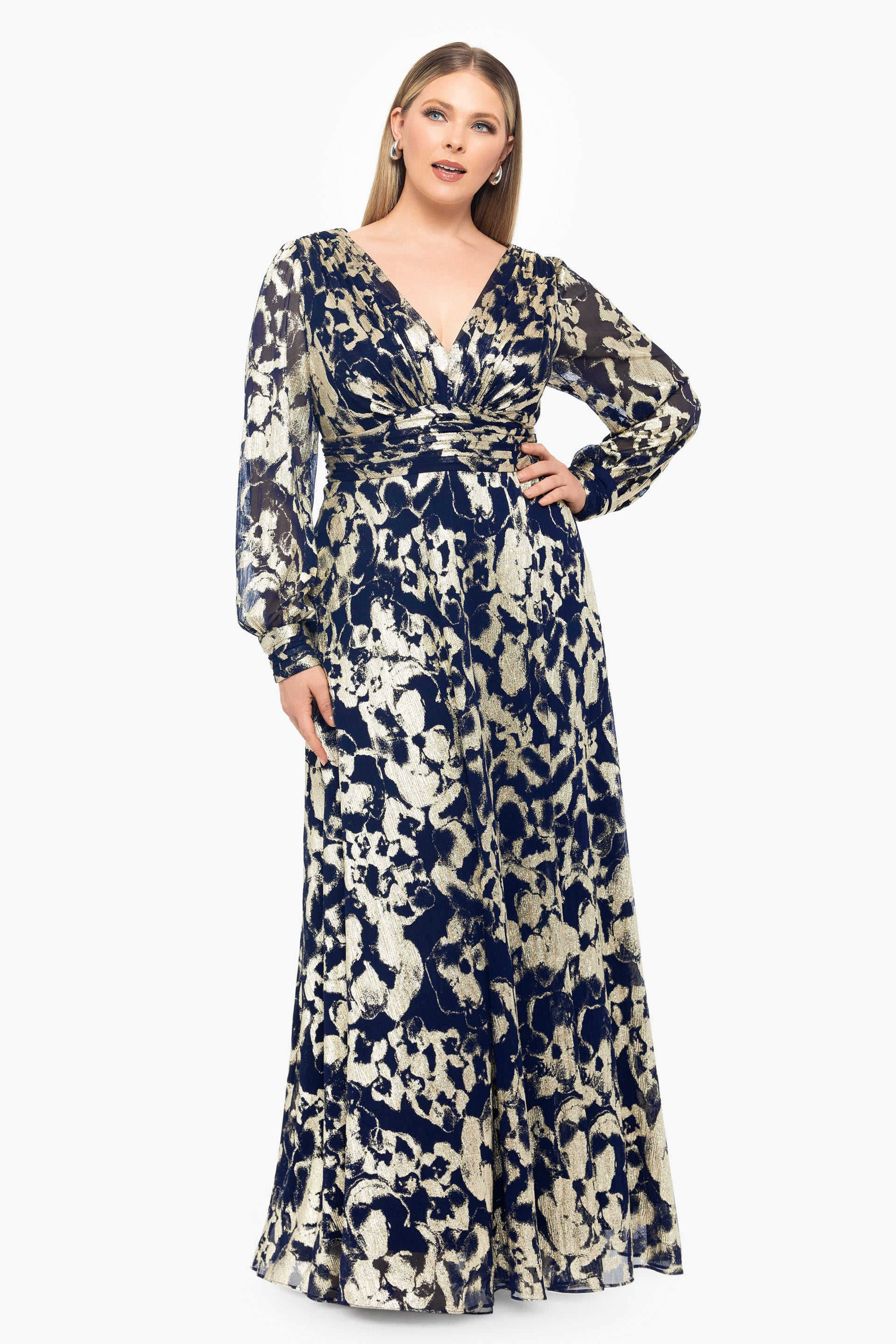 Plus "Annabelle" Foil Long Mesh Sleeve Dress