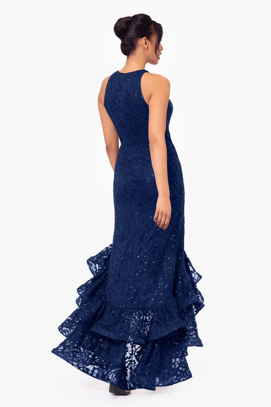 "Laurel" Sequin Lace Ruffle Slit Gown