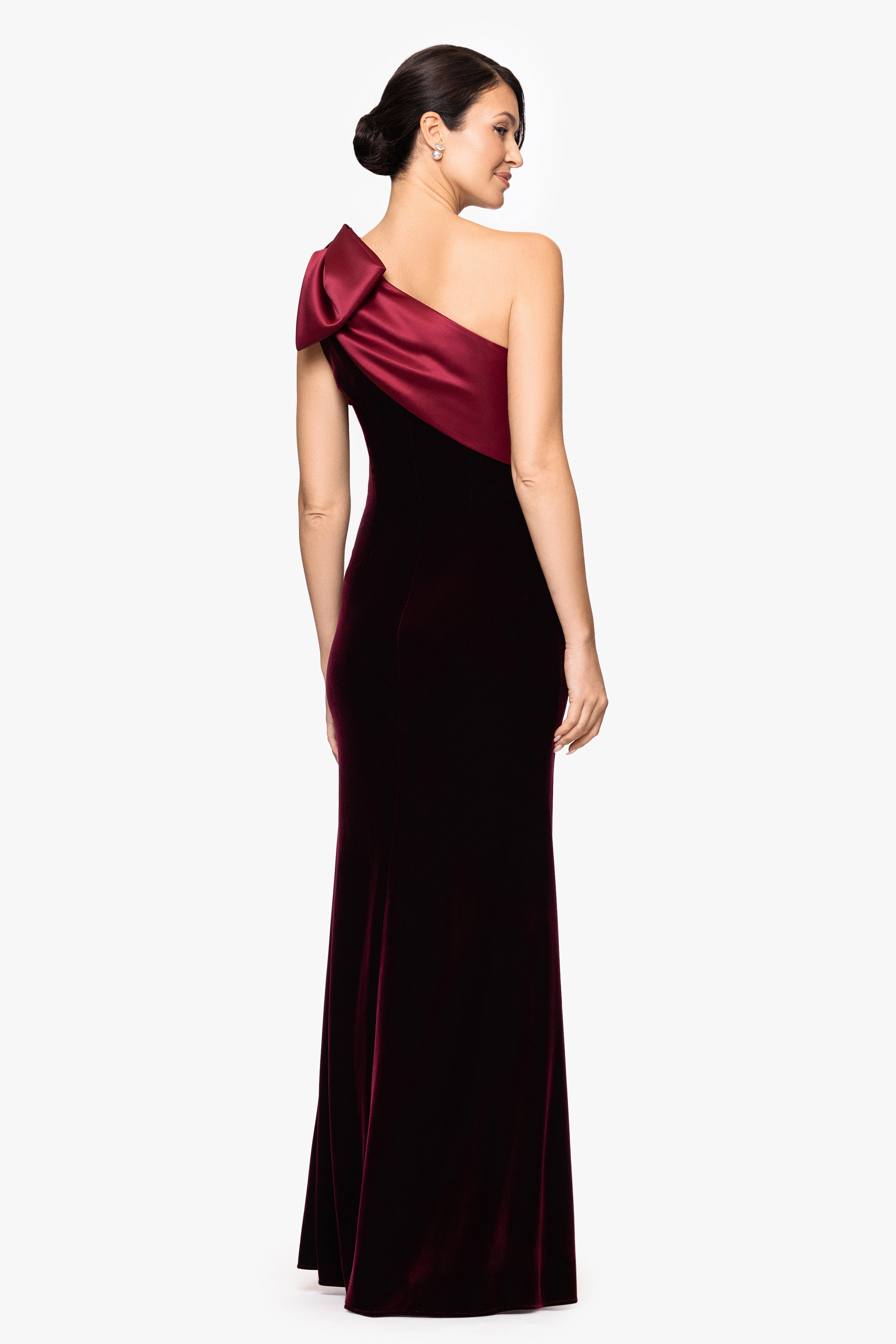 "Elena" Velvet One Shoulder Satin Bow Neckline Floor Length Dress