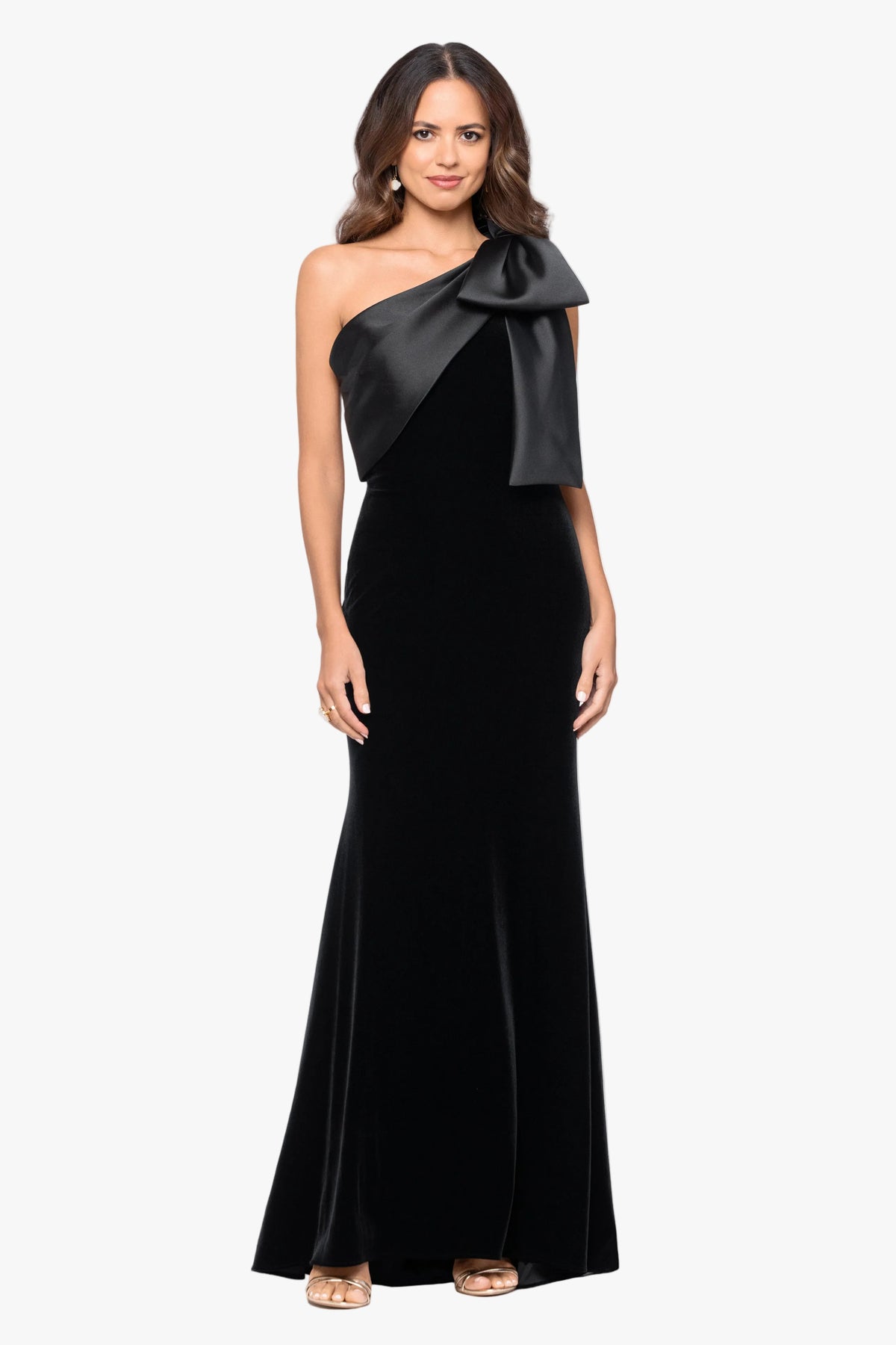 "Elena" Velvet One Shoulder & Mikado Bow Dress