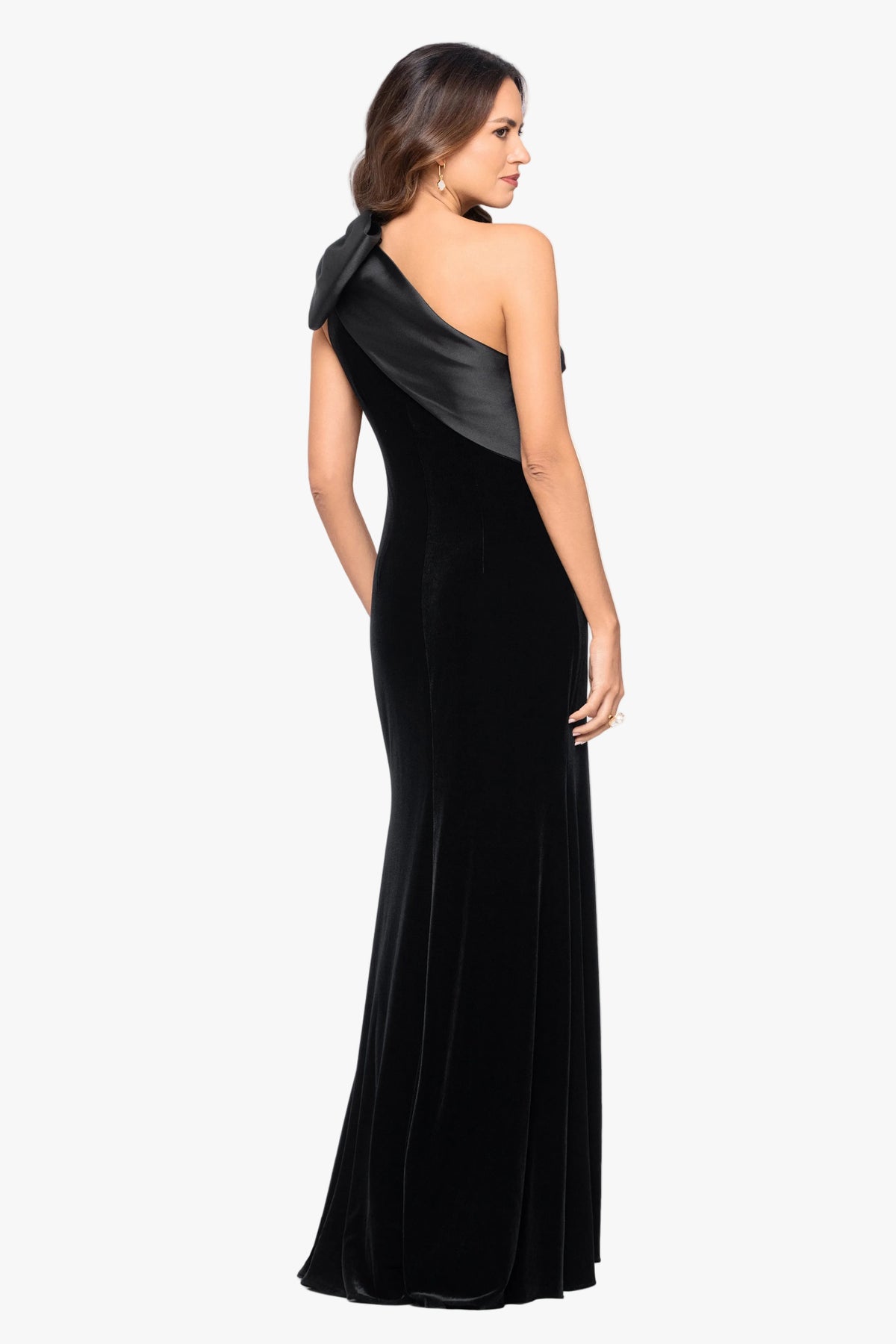"Elena" Velvet One Shoulder & Mikado Bow Dress