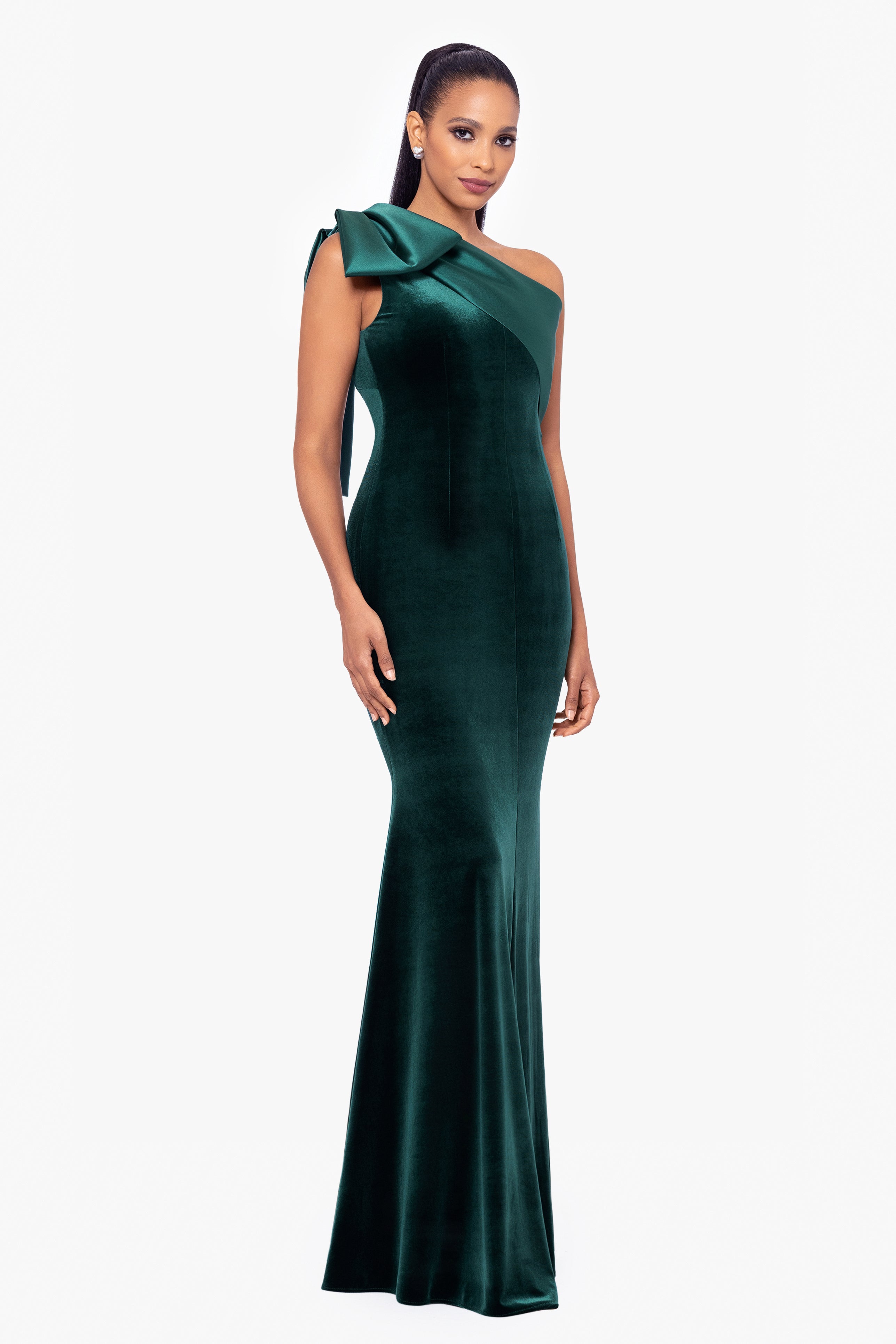 "Elena" Velvet One Shoulder & Mikado Bow Dress