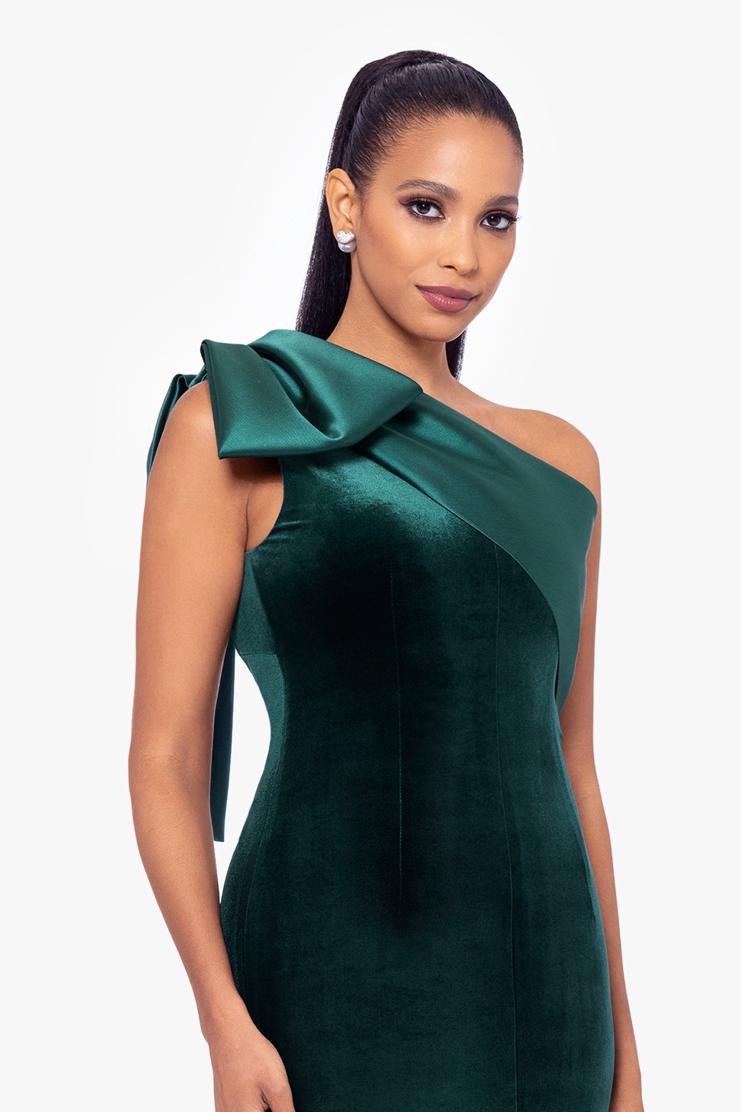 "Elena" Velvet One Shoulder & Mikado Bow Dress