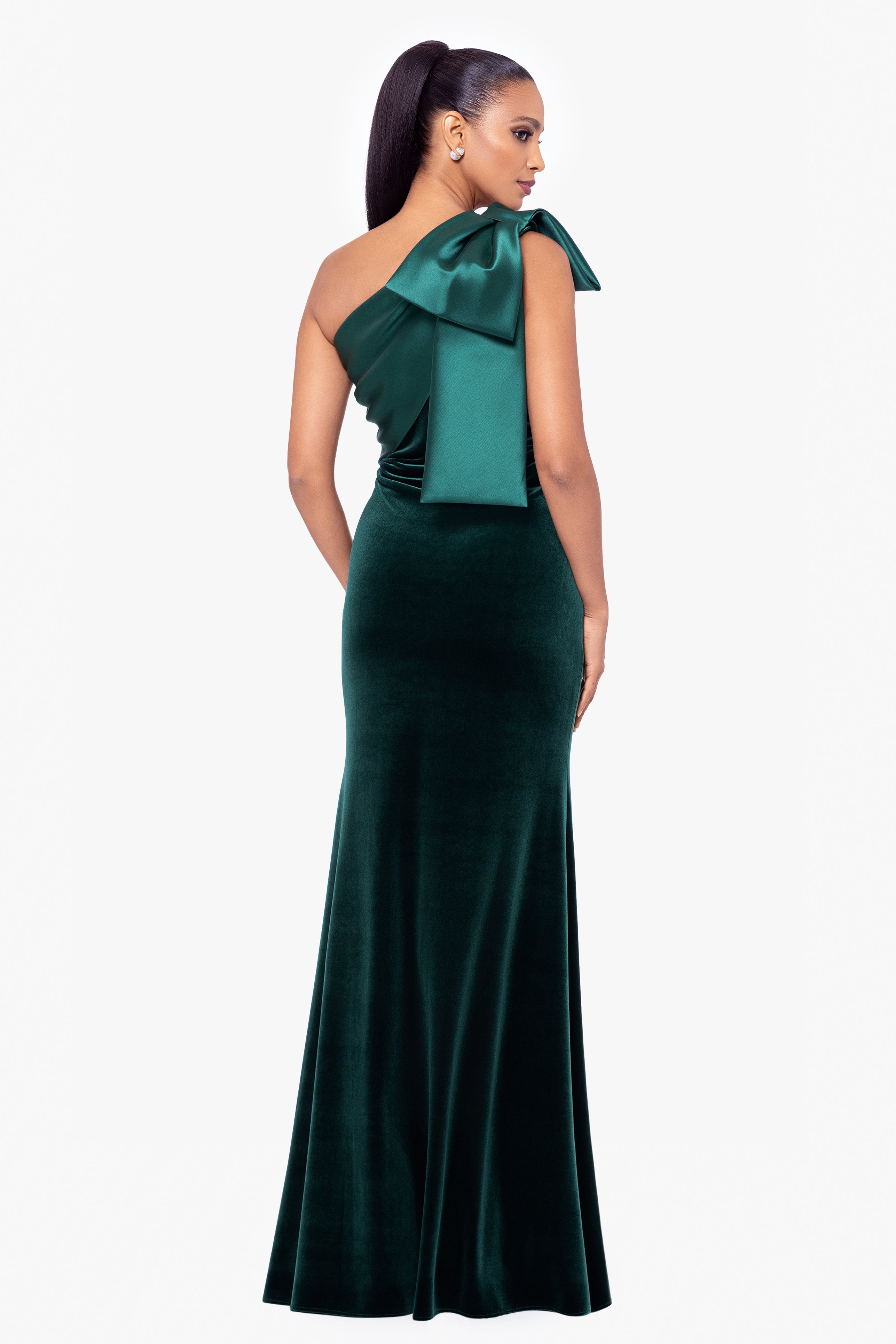 "Elena" Velvet One Shoulder & Mikado Bow Dress