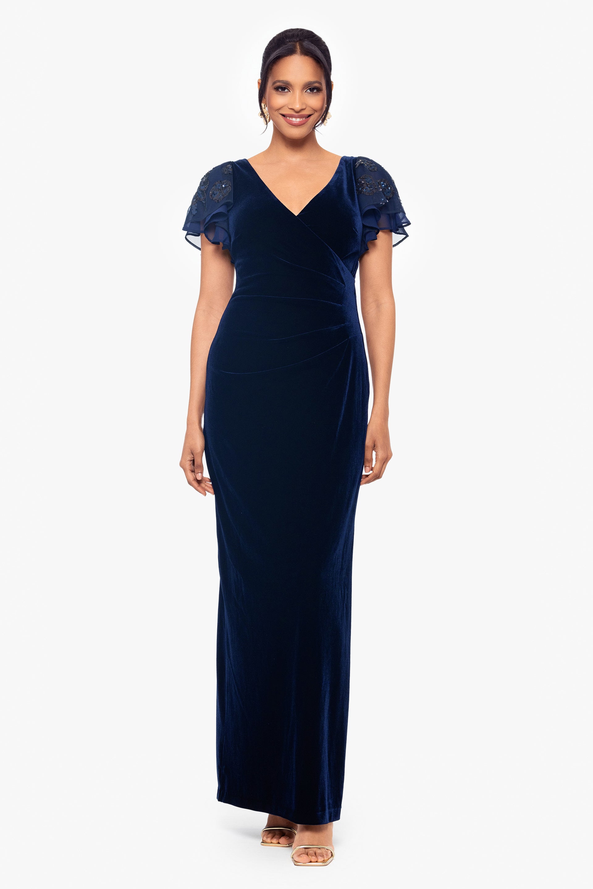 Petite "Carolina" Velvet V Neck Sequin Sleeve Dress